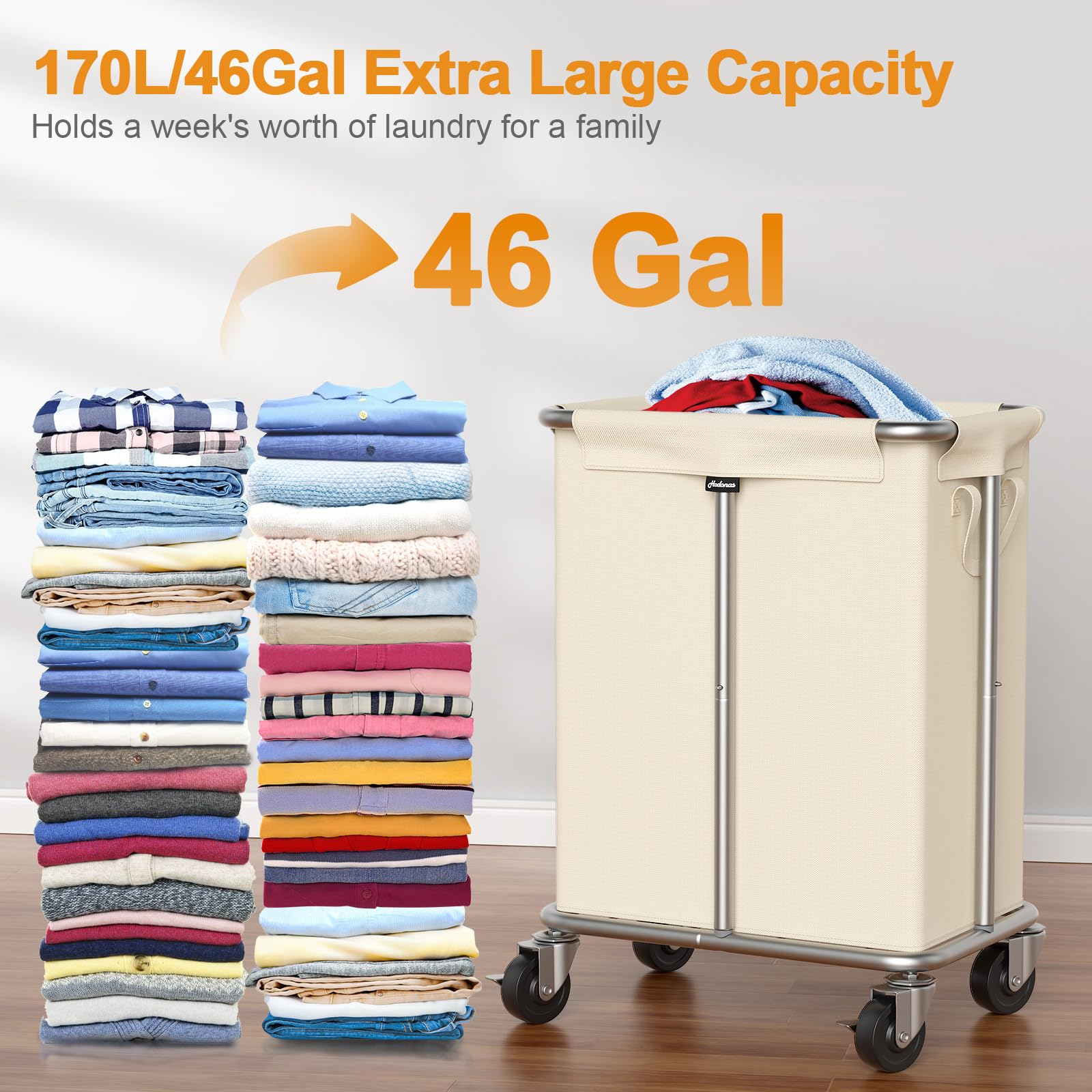 Hodonas Laundry Basket With Wheels, Rolling Laundry Hamper 170L Large Dirty Clothes Hamper Cart With Metal Frame And Removable B