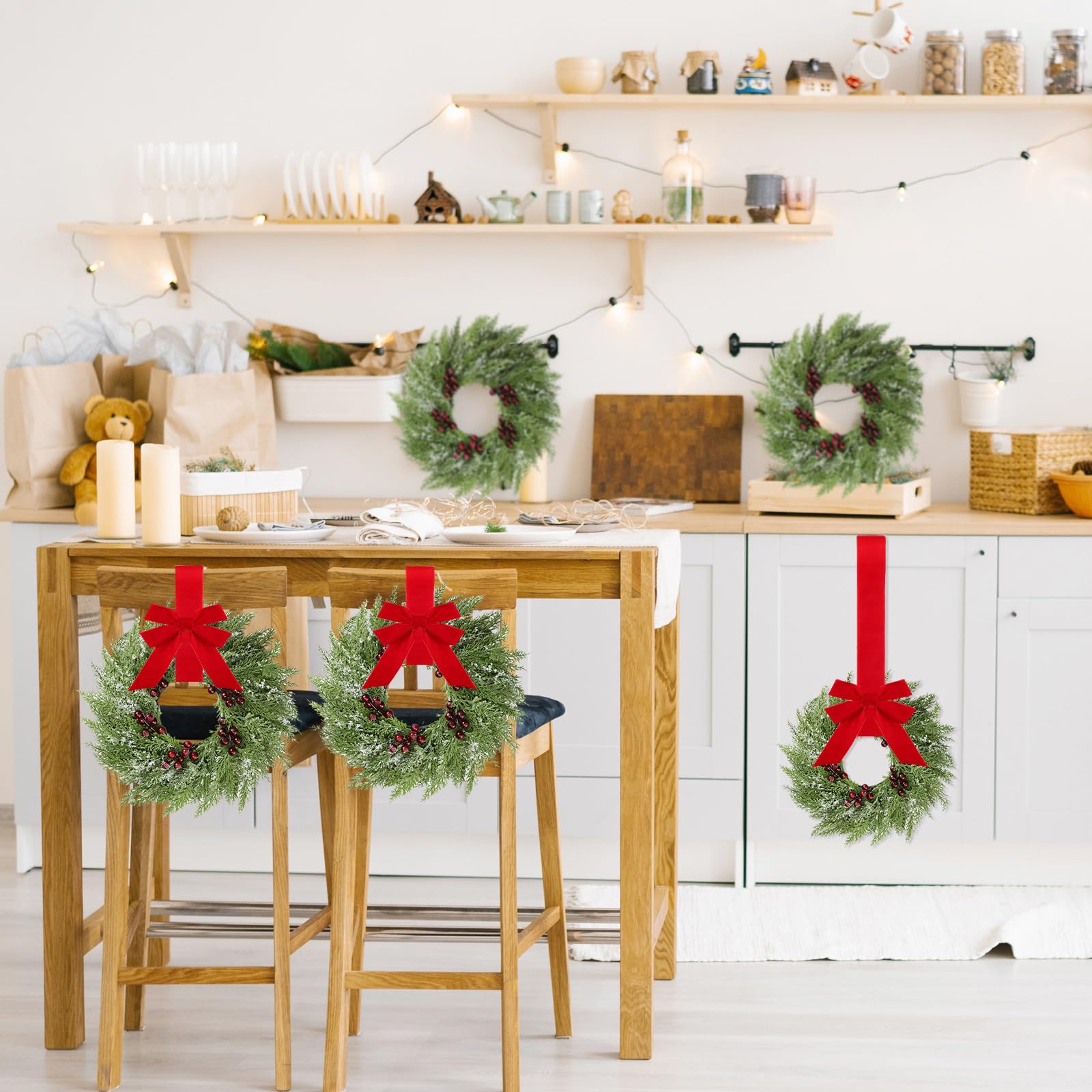 6 Pcs Small Christmas Norfolk Wreaths 15 Inch Christmas Kitchen Cabinet Mini Wreath Real Touch with Bow Ribbon Cedar Red Berry f