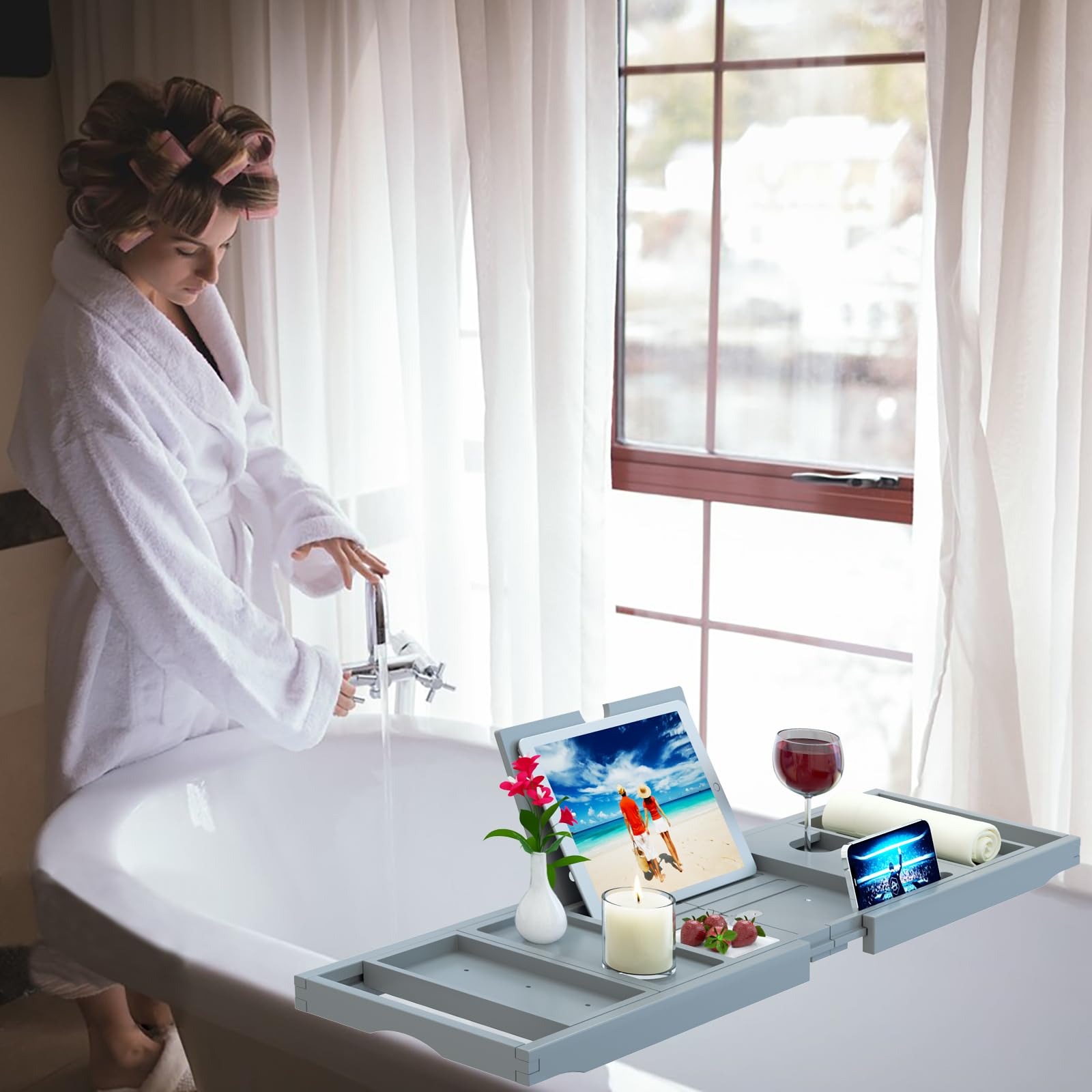 Premium Bamboo Bathtub Caddy Tray - Bath Tray - Bath Tub Tray Table For Bathtub - Bath Caddy Tray For Bathtub, Expandable Size,
