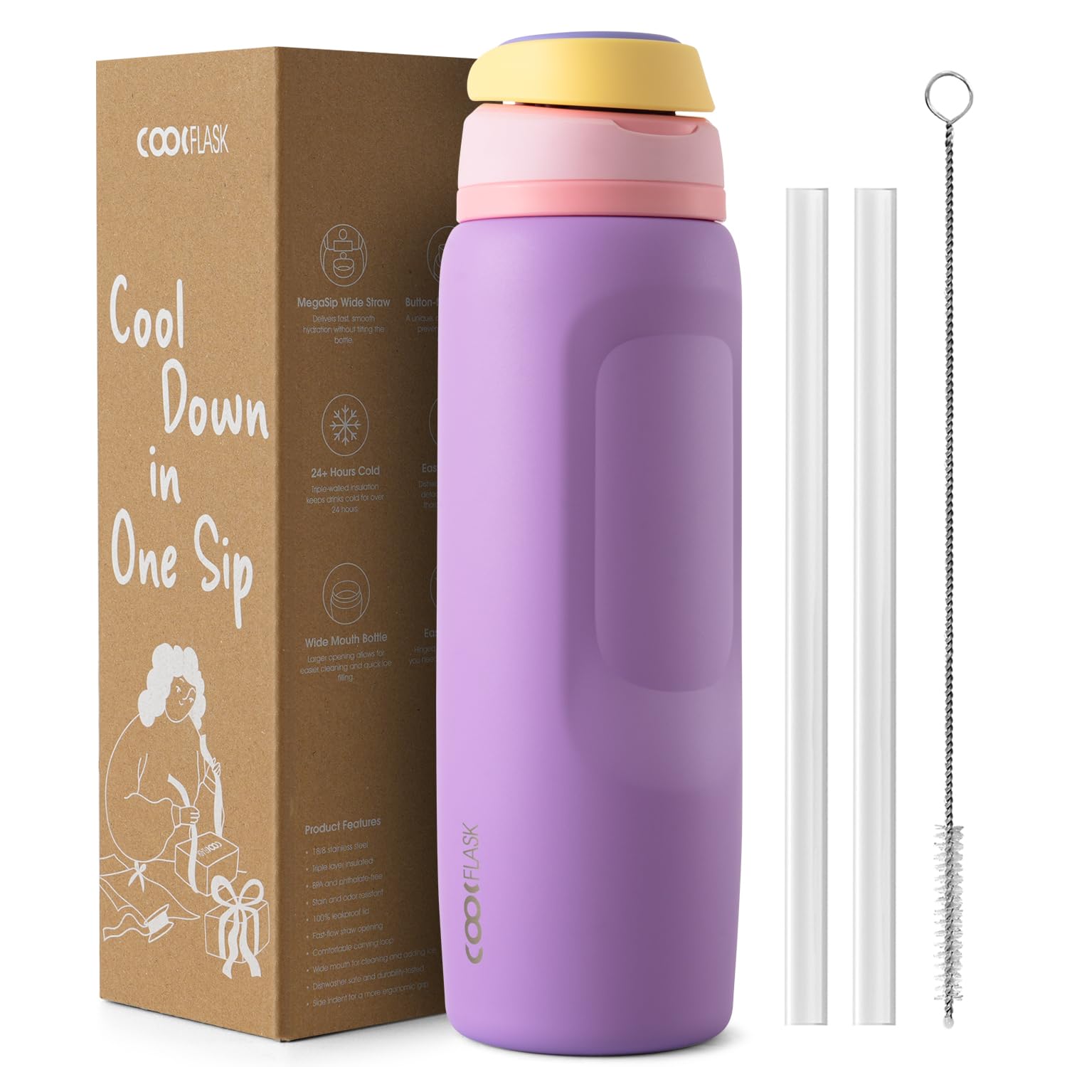Coolflask MegaSip Stainless Steel 40 oz Water Bottles Insulated with Straw