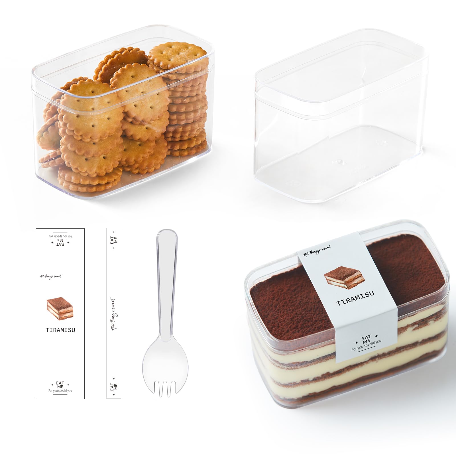 Plastic Dessert Cups with Lids and Sporks,Stickers,Tiramisu Containers,Cookie Containers,Clear Food Containers for Fruit,Pudding
