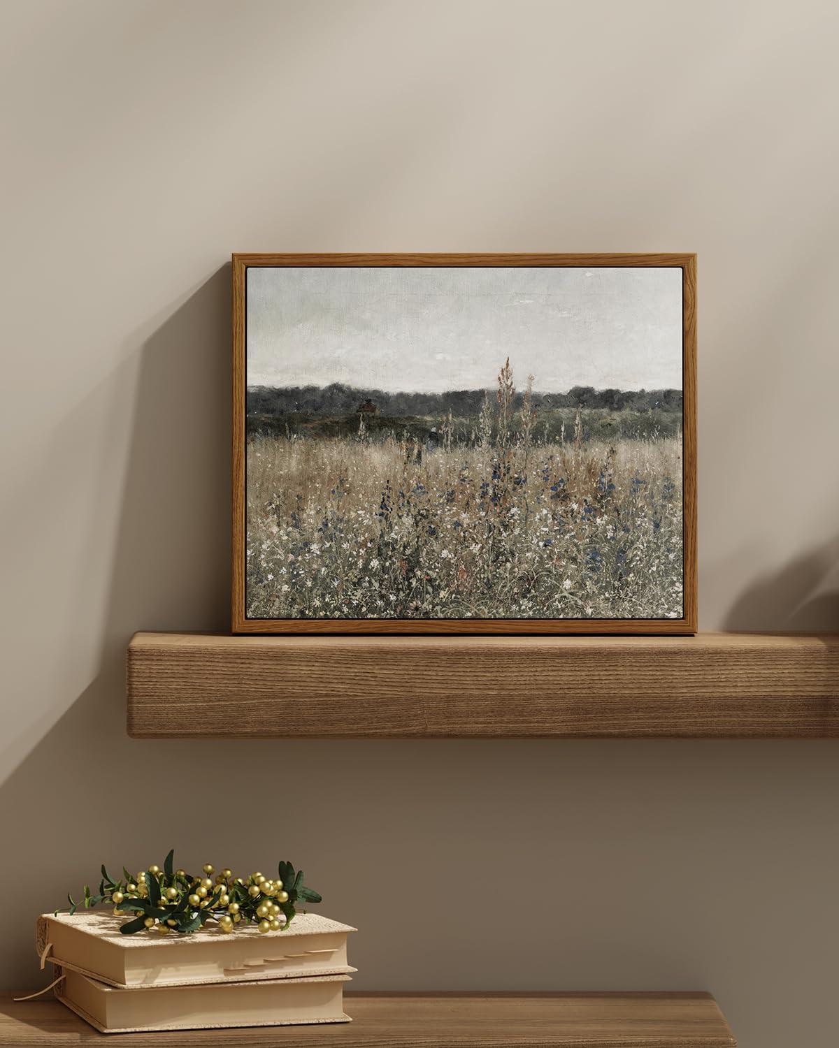 Insimsea Framed Canvas Wall Art Vintage Decor, Wildflower Field Canvas Wall Art Paintings Prints, Rustic Landscape Wall Decor Fo