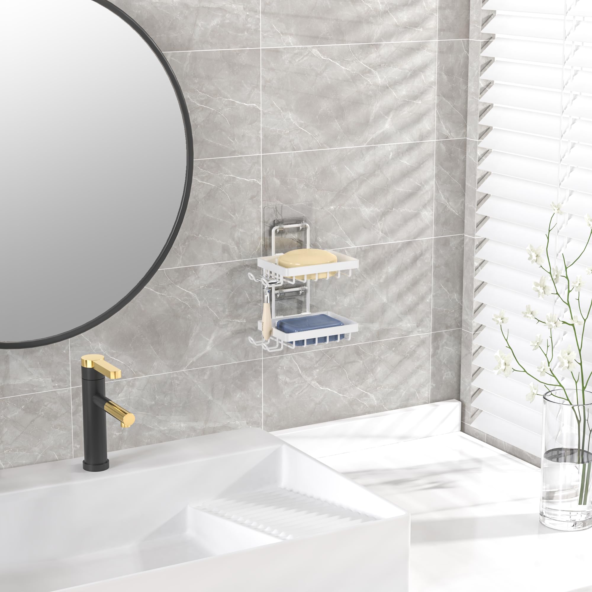 Moforoco White Double Soap Bar Holder For Shower, No Drilling, 304 Rustproof Stainless Steel, Wall Mounted Soap Holder With 4 Ho