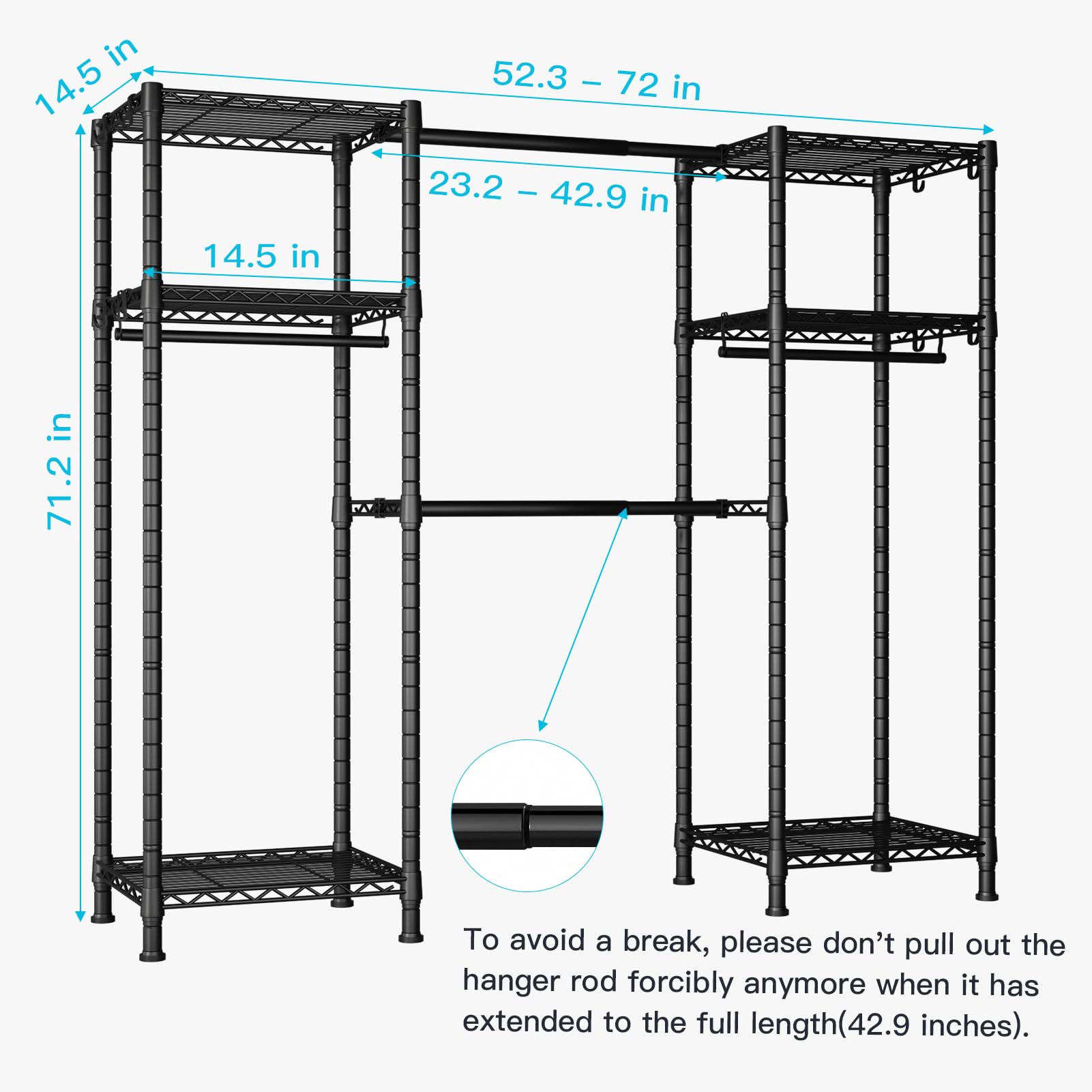 Ulif E7 Garment Rack, Heavy Duty Clothes Storage System With Extendable Hangers Rods, Metal Clothe Rack With 6 Wire Shelves, (52