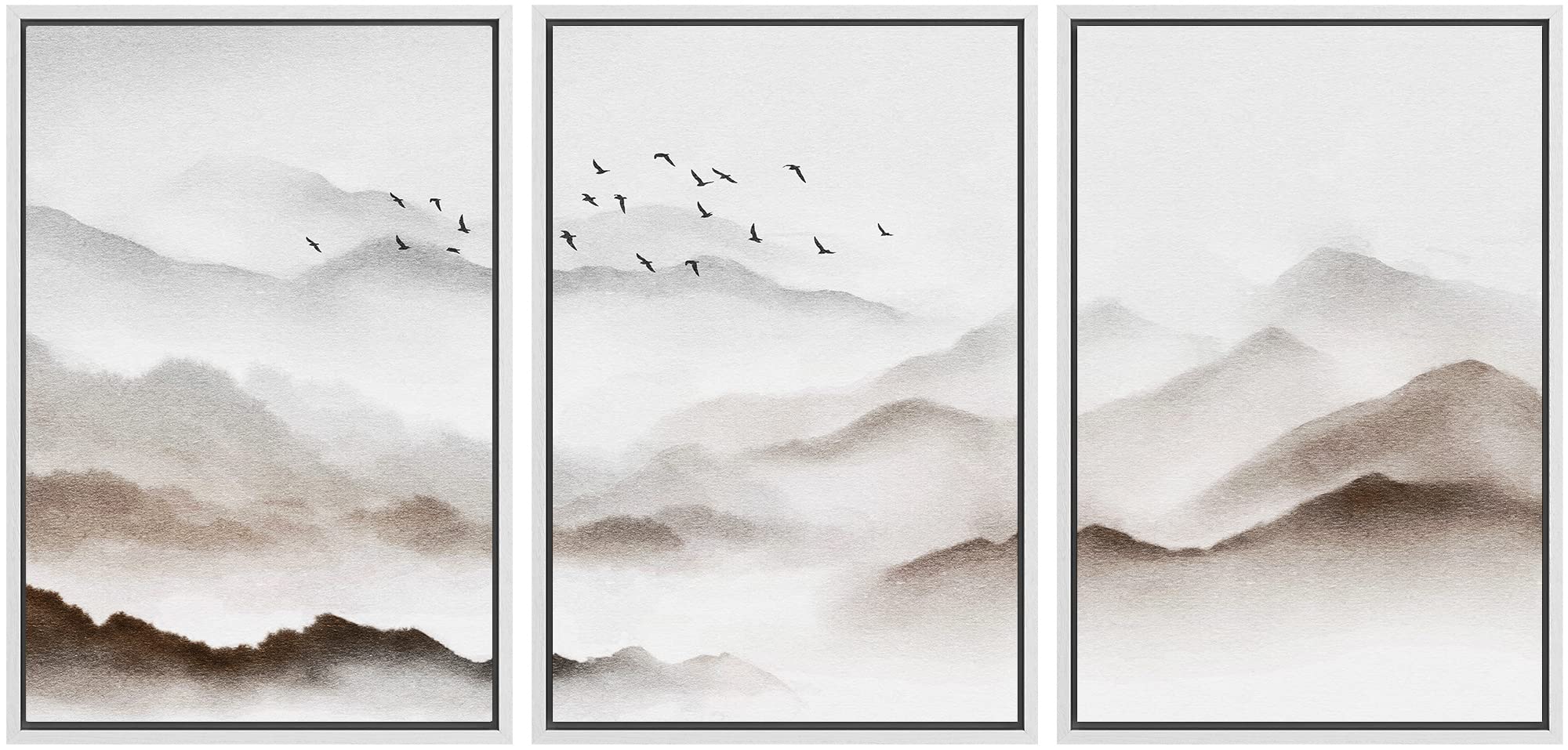 Signwin Framed Canvas Print Wall Art Set Birds Over Pastel Mist Mountain Range Nature Wilderness Illustrations Modern Art Decora