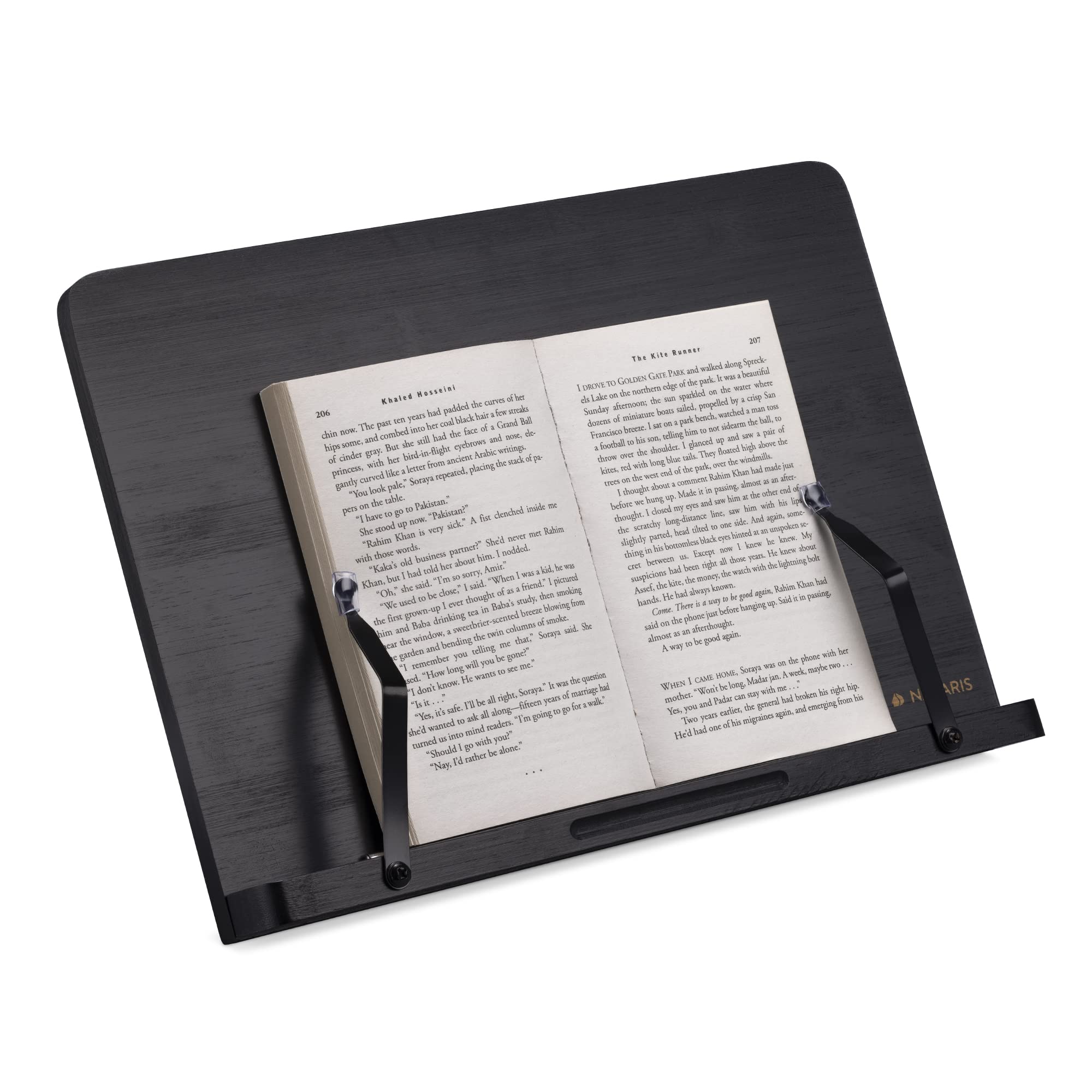 Navaris Bamboo Book Stand - Hands-Free Reading Recipe Cookbook Tablet Holder With 2 Adjustable Metal Page Holders With Grips - B