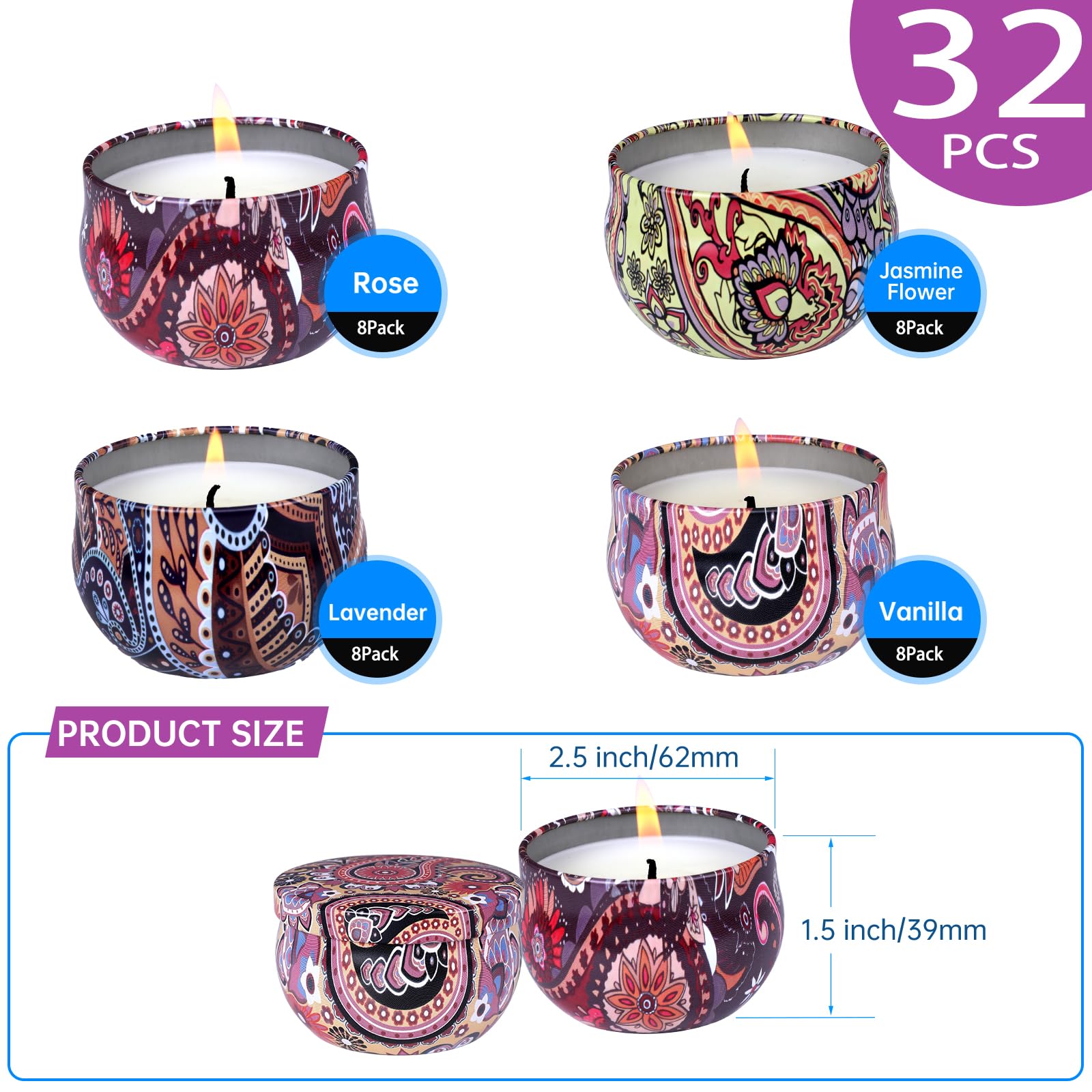 KNOURT 32 Pack Scented Candles Gift Set, Natural Soy Wax Travel Tin Candles for Home Scented, Ideal for Christmas, Birthday, Tha