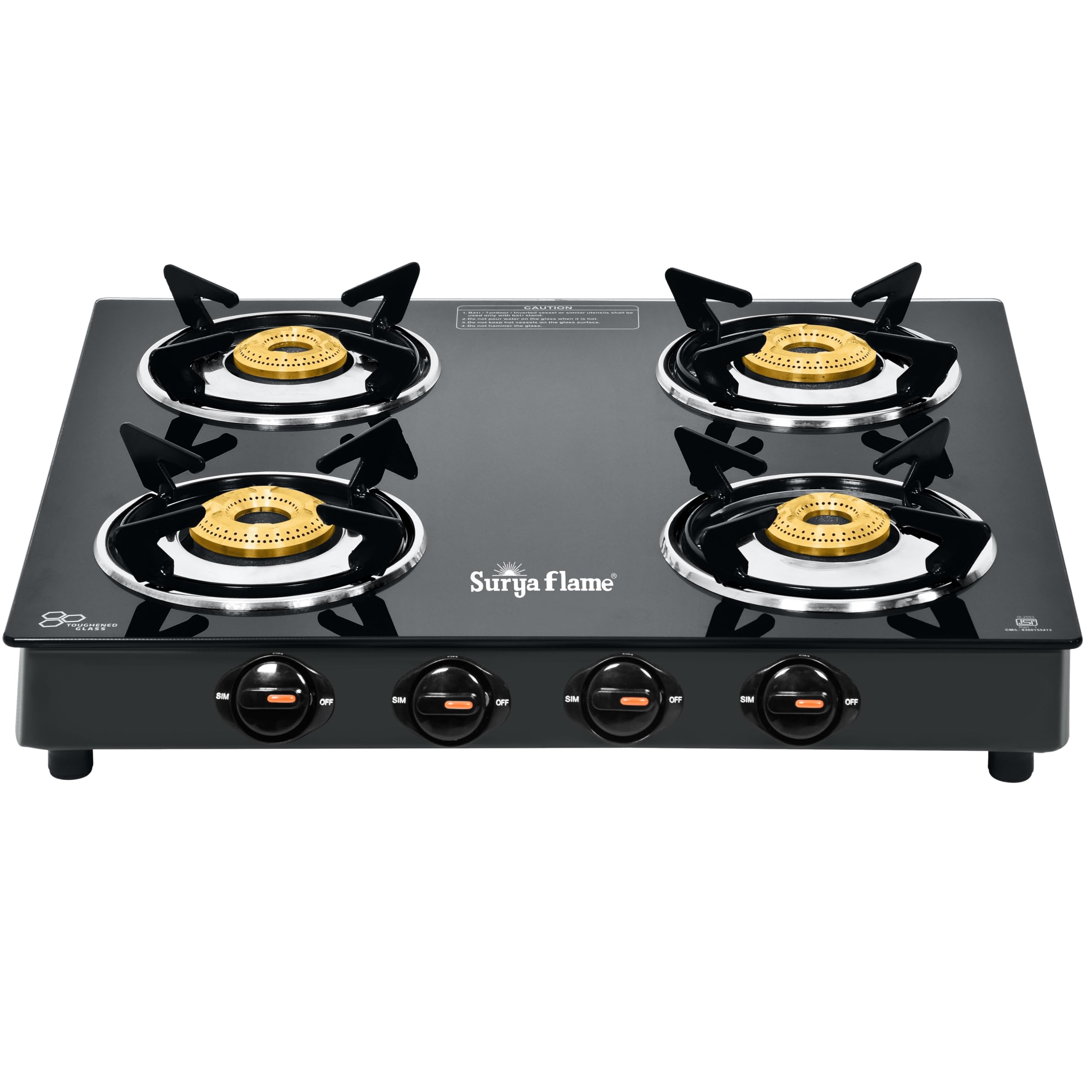 Surya Flame Splendor 4 Burner Gas Stove | Toughened Glass Top | Brass Burners | Durable Brass Valve | Fuel Efficient 69%+ | Blac