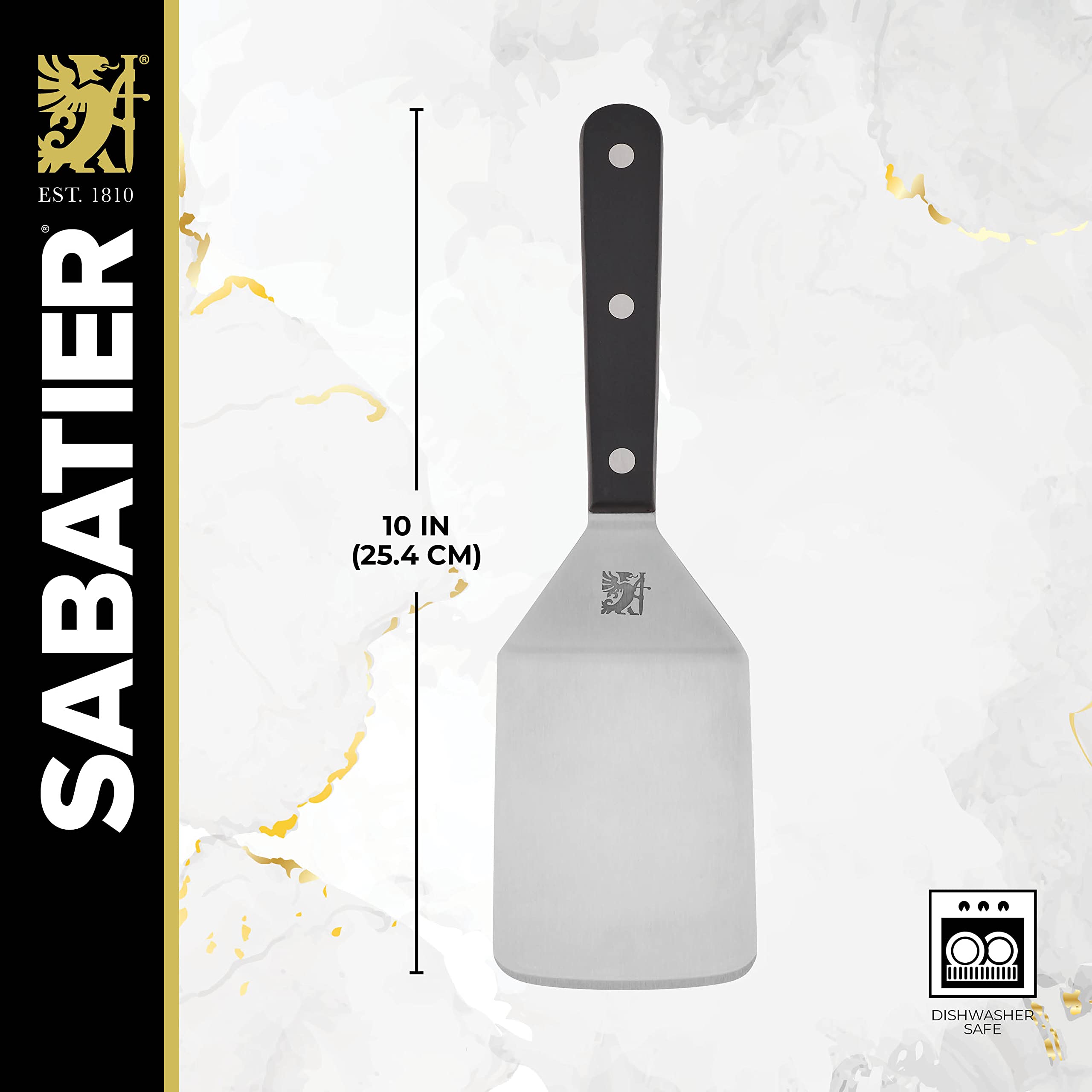 Sabatier Triple Rivet Wide Turner, 9.625" Stainless Steel Spatula, Black, Professional Grade for Cast Iron, Griddle & Grill Cooking