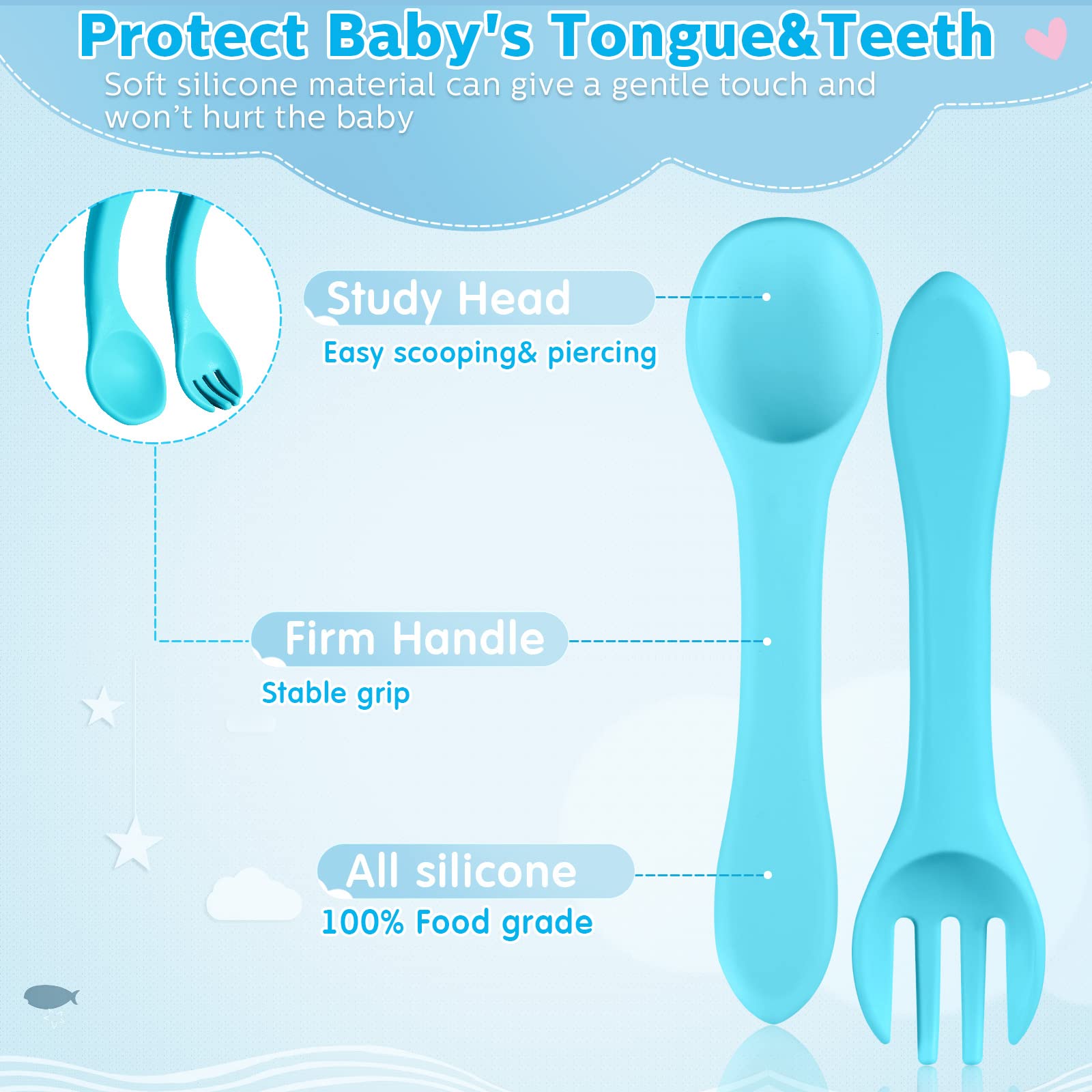 Nuenen 6 Pieces Silicone Baby Feeding Forks and Spoons Set Hot Safety First Stage Self Feeding Supplies Mini Kids Utensils for o