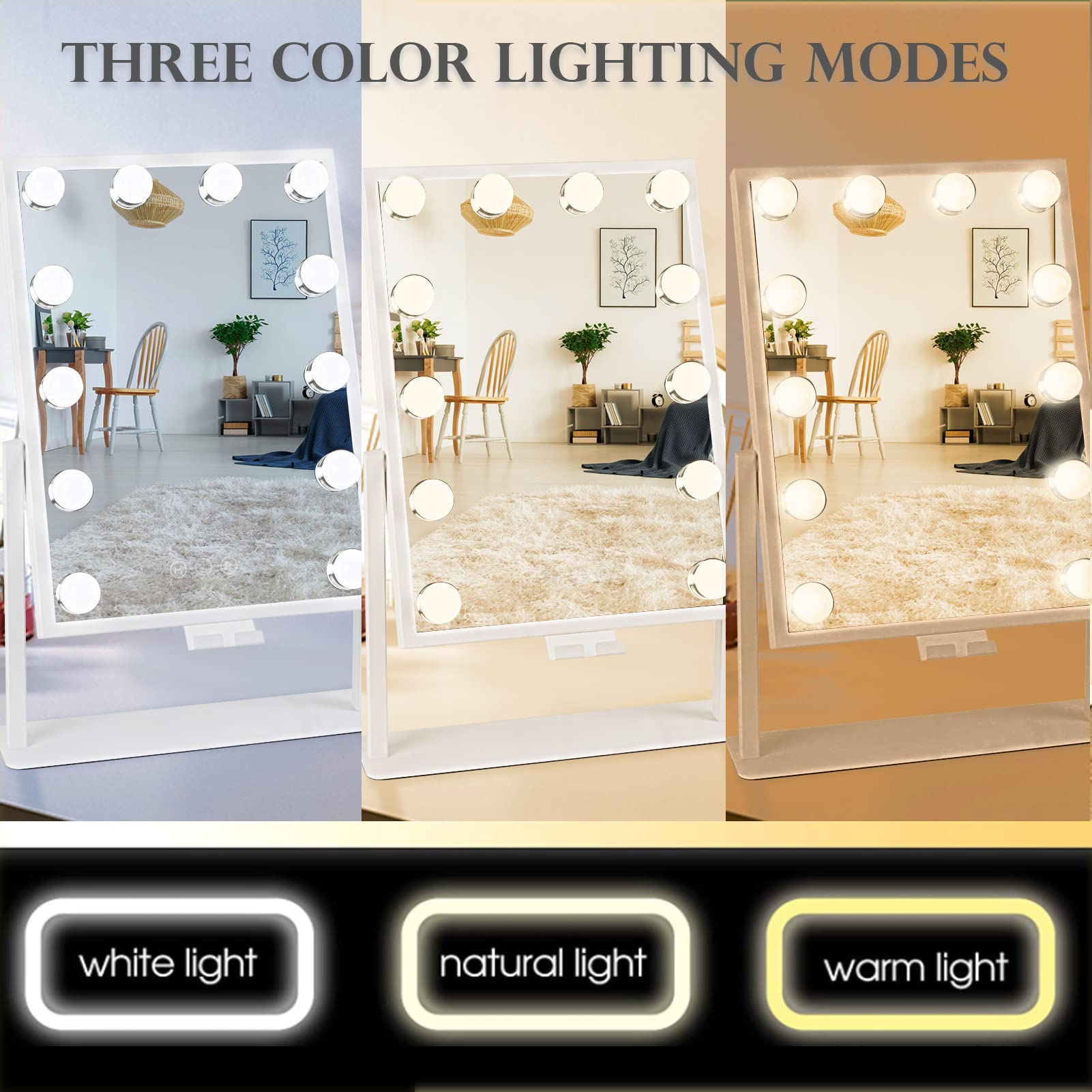 Bwllni Vanity Mirror With Lights, Hollywood Lighted Makeup Mirror With Phone Holder, Smart Touch Control, 3 Color Lighting Modes