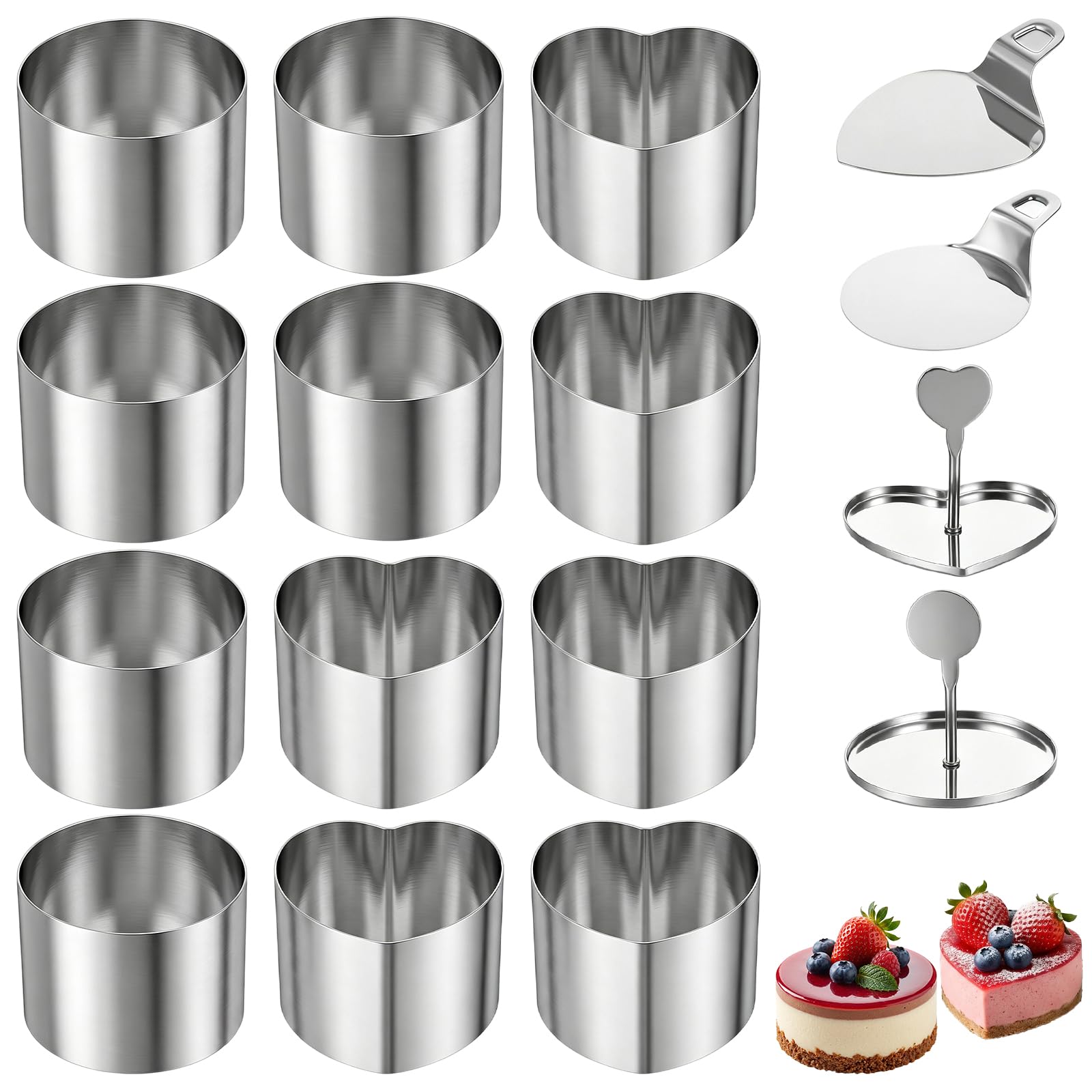 Kuyeyzu 16 Pcs Cake Ring Molds Set with Pushers and Lifters Round Heart Stainless Steel Seamless Mini 3 Inch cooking Rings for B