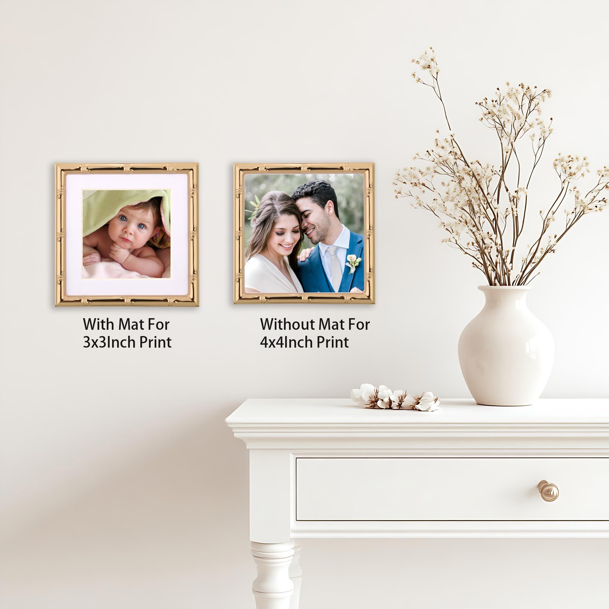 YiPinYin 4x4  Bamboo Detail Gold Metal Picture Frame Mat 3x3  ,3x3  Cute Gold Plated Baby Nurse Photo Frames With Velvet Backing