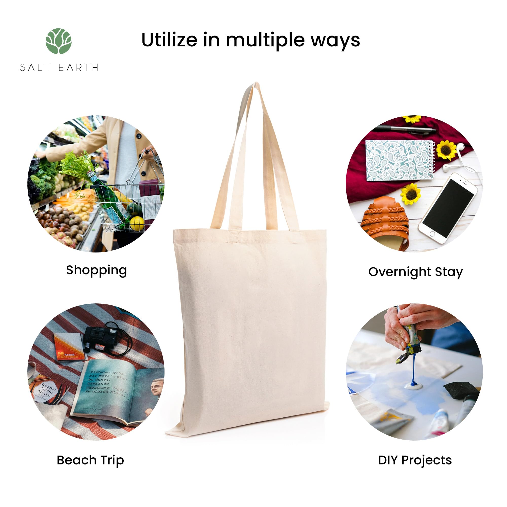 Salt Earth Pack Of 12 100% Cotton Reusable Bulk Grocery Tote Bag, Reusable Shopping Bags, Suitable For Diy, Beach Tote Bag, Prom