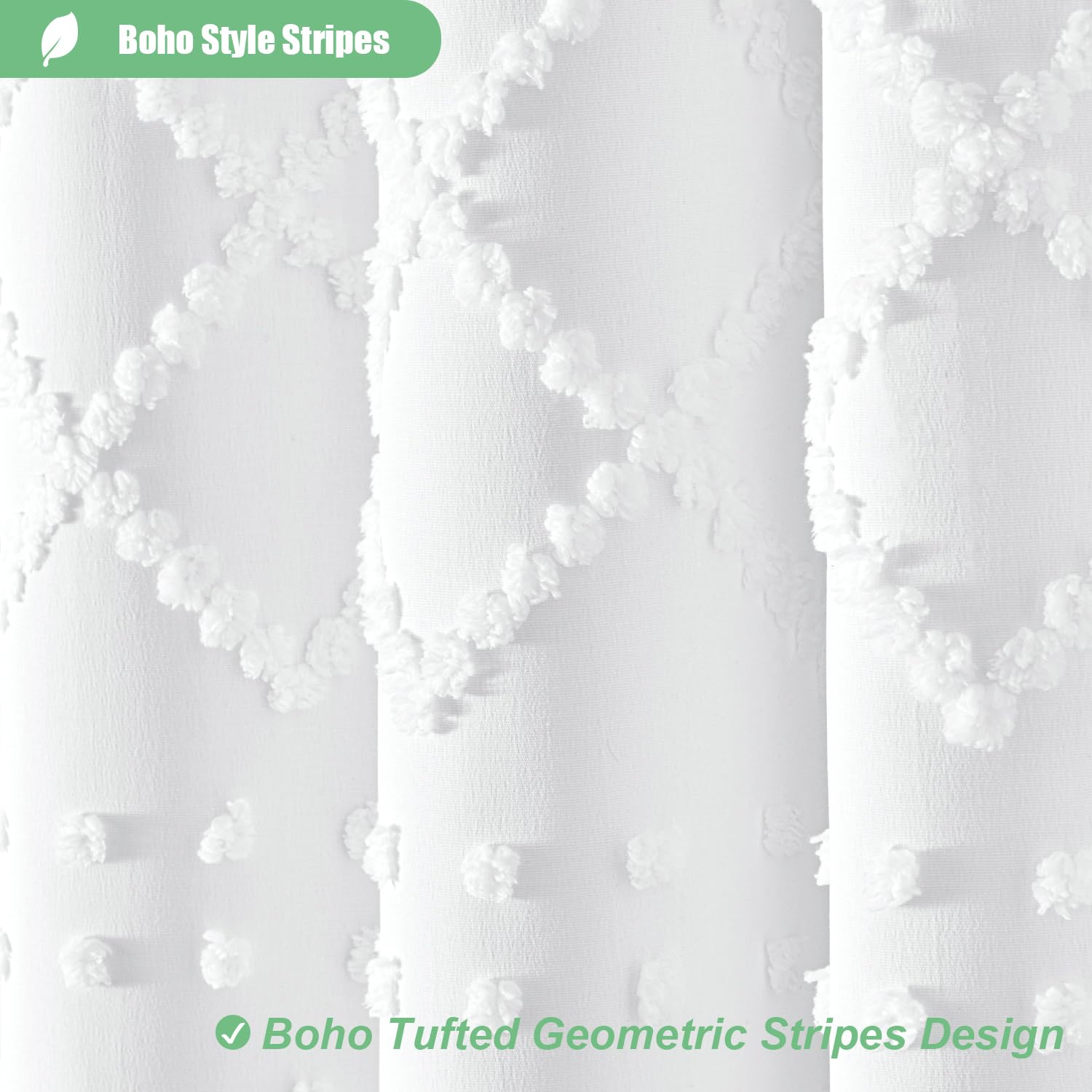 Dynamene White Fabric Shower Curtain, Boho Tufted Geometric Striped Tassel Shower Curtain For Bathroom, Shabby Chic Textured Mod