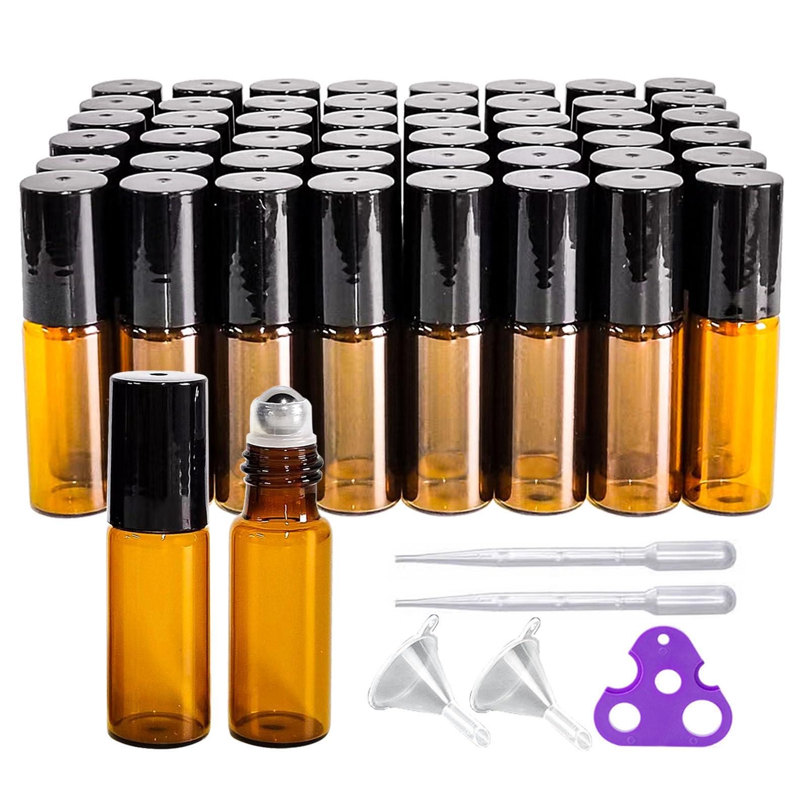 50 Pcs 5Ml Amber Glass Roller Bottle,Essential Oil Sample Vials With Stainless Steel Roller Ball,Black Caps,For Travel Perfume C