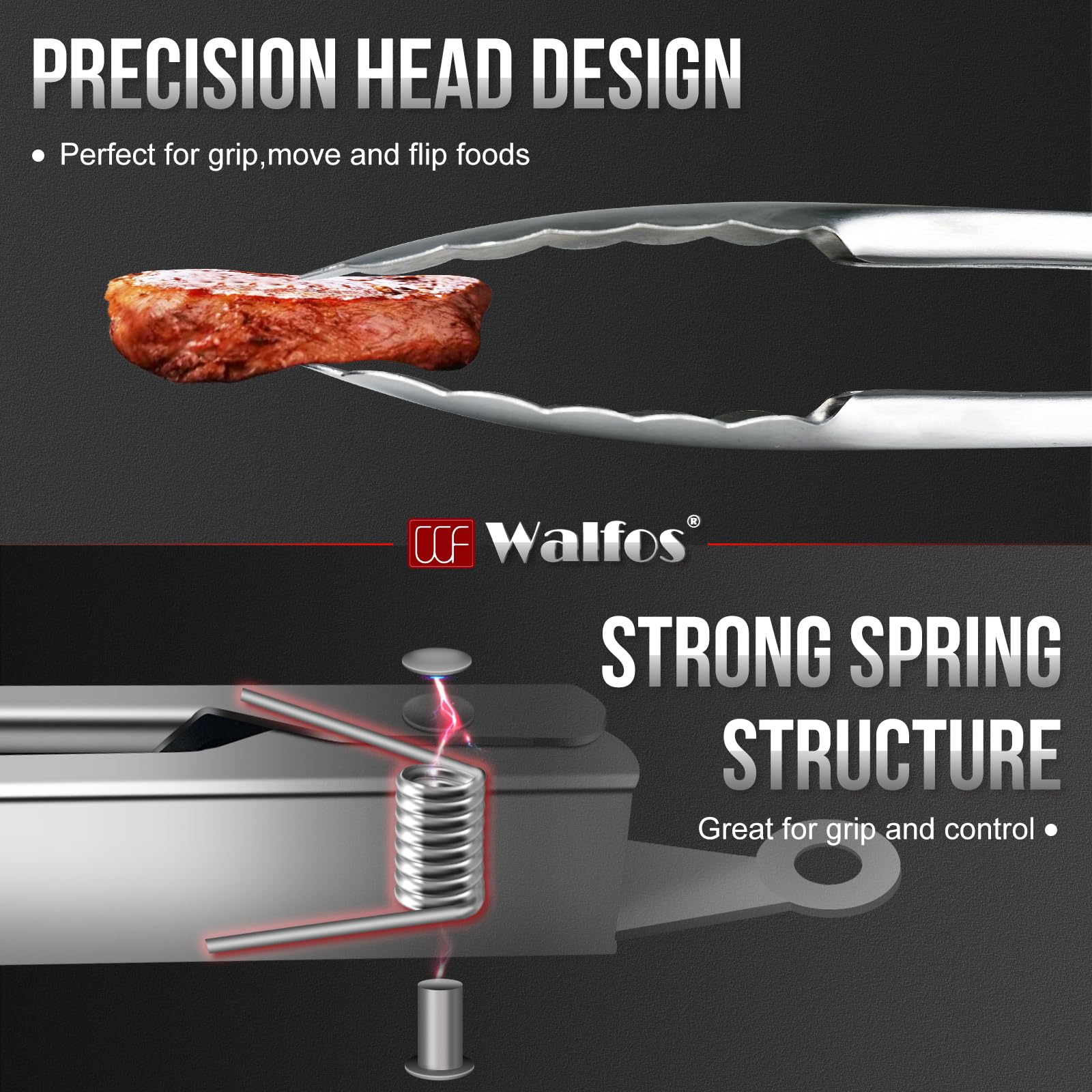 Walfos All Metal Kitchen Tongs for Cooking  BBQ Grilling  600? Heat Resistant Stainless Steel Tongs - Heavy Duty 7  9 and 12 Inch Locking Tongs Set of 3