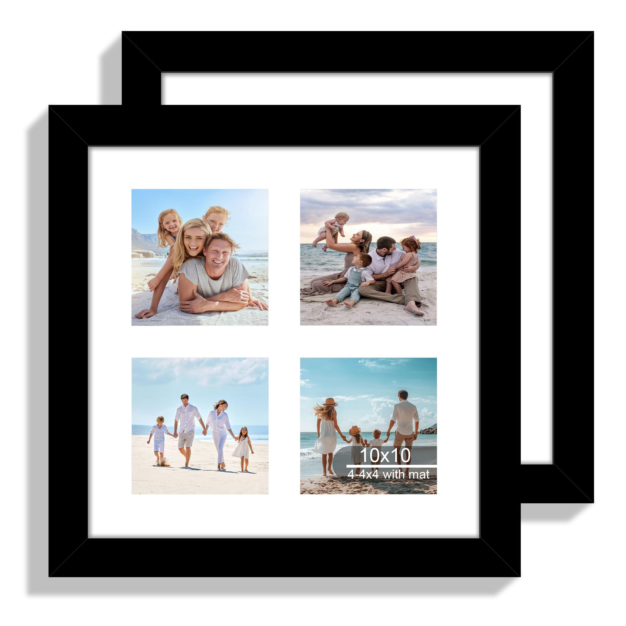 Hongkee 10x10 Picture Frame Set of 2, Real Glass and Black Collage Frame, Display Pictures Four Opening 4x4 With Mat or 10 x 10 