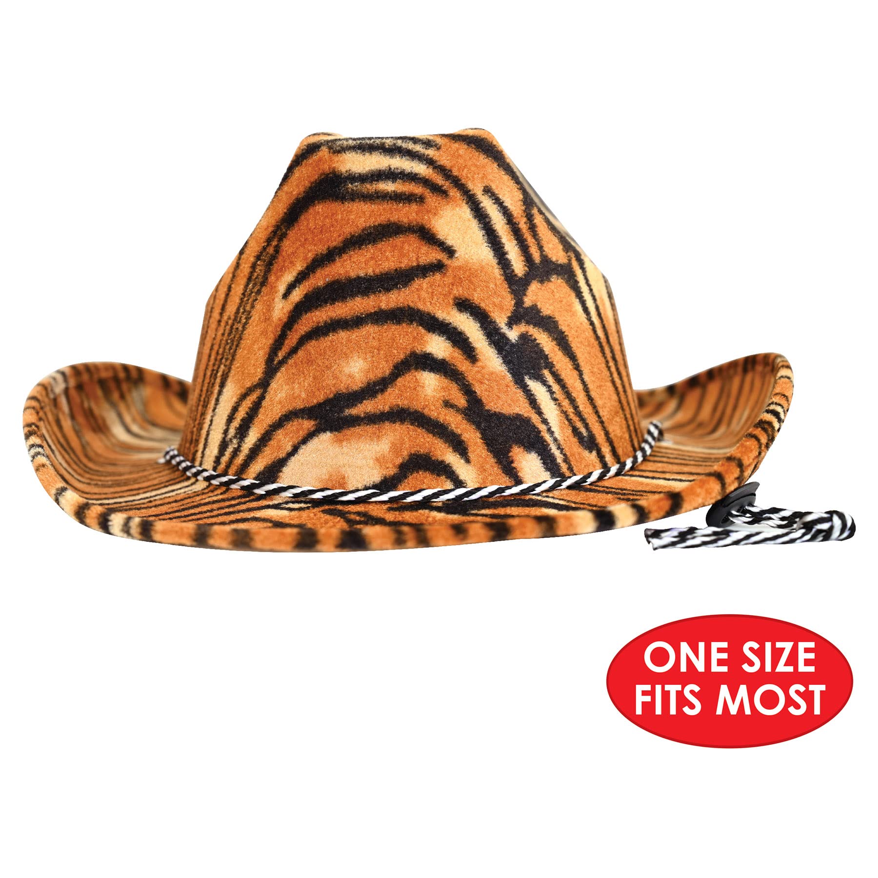 Beistle Tiger Print Cowboy Hats, 6 Pieces - One Size Fits Most, Adjustable Chin Strap, Safari Party Supplies, Halloween Costume