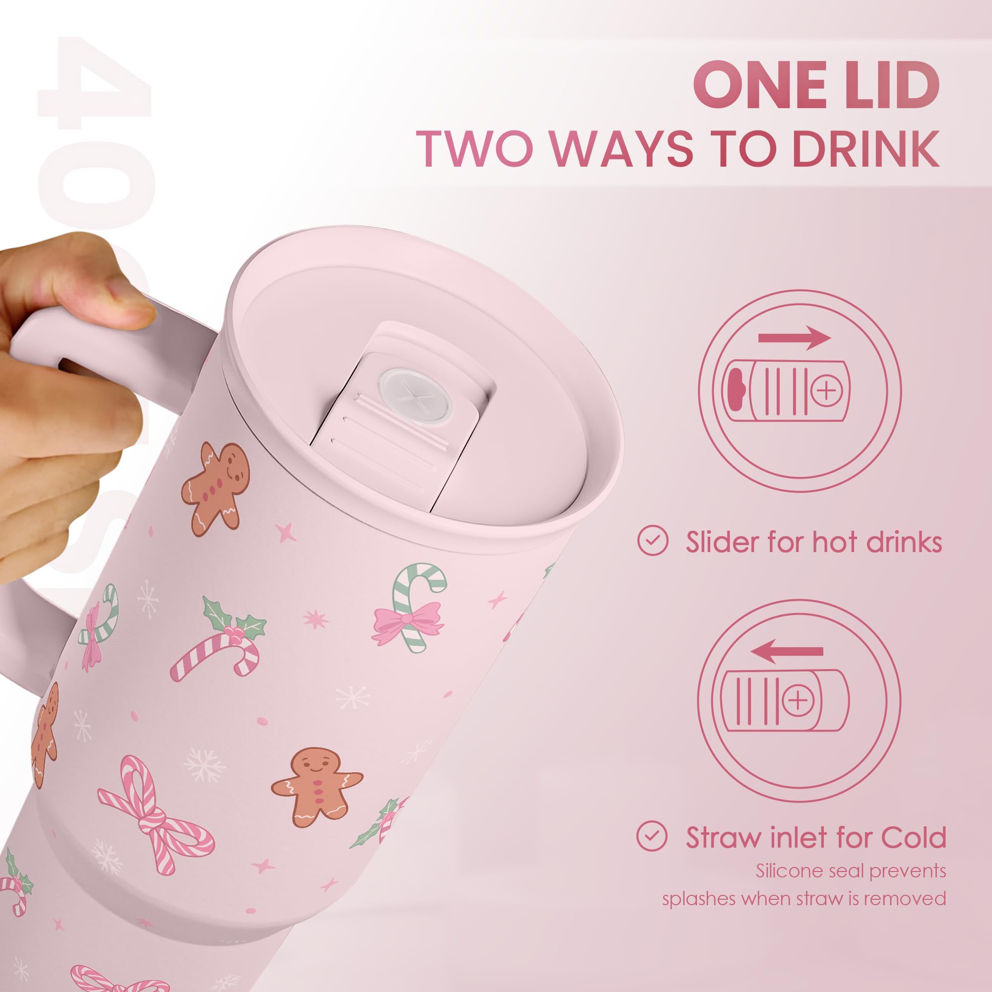 Christmas Theme 40oz Slider Tumbler with Handle and Straw - Insulated Stainless Steel Travel Coffee Mug for Women Girls, Gift fo