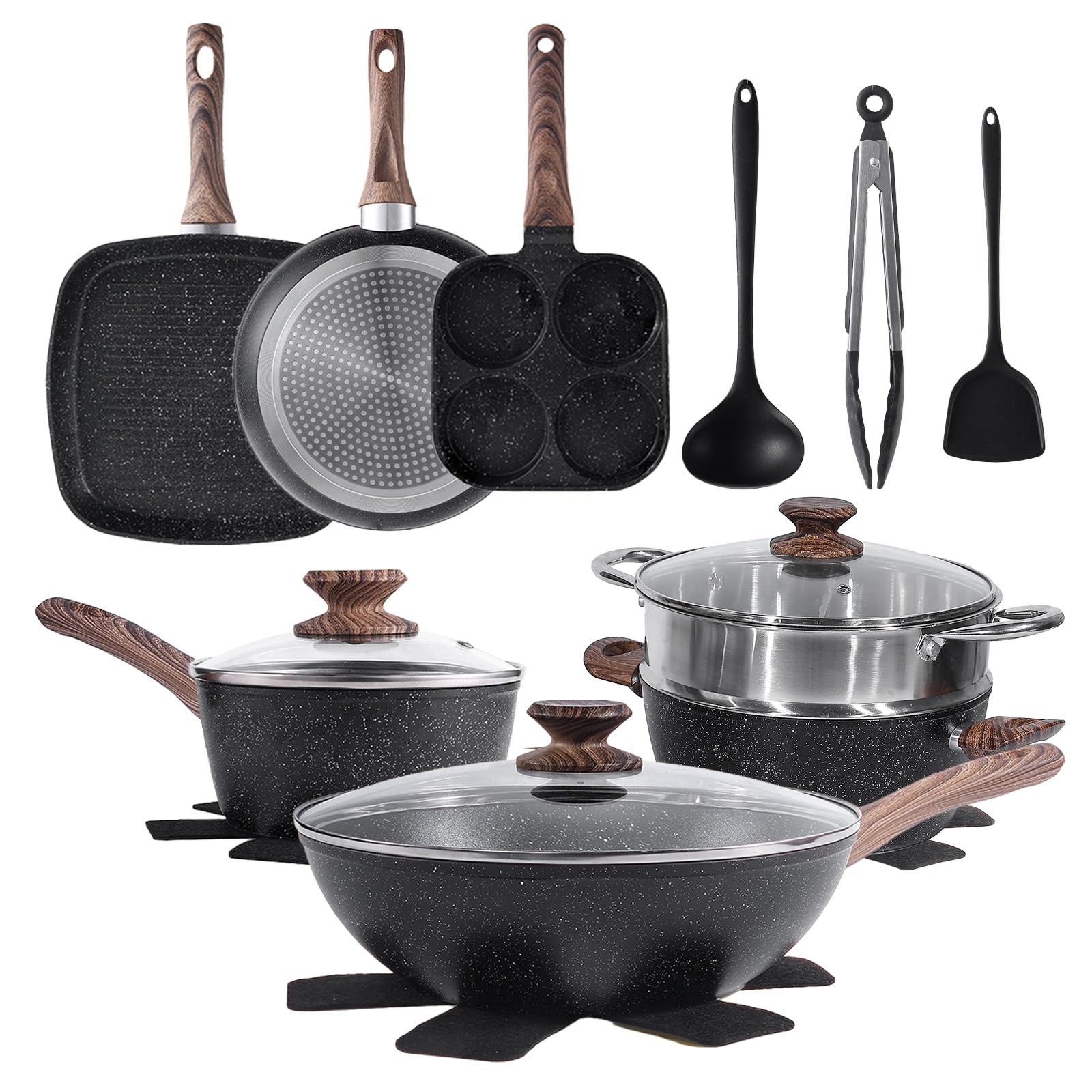 Sweetcrispy 17 Pcs Nonstick Pots and Pans, Induction Kitchen Cooking Set with Stay-Cool Handles, Black