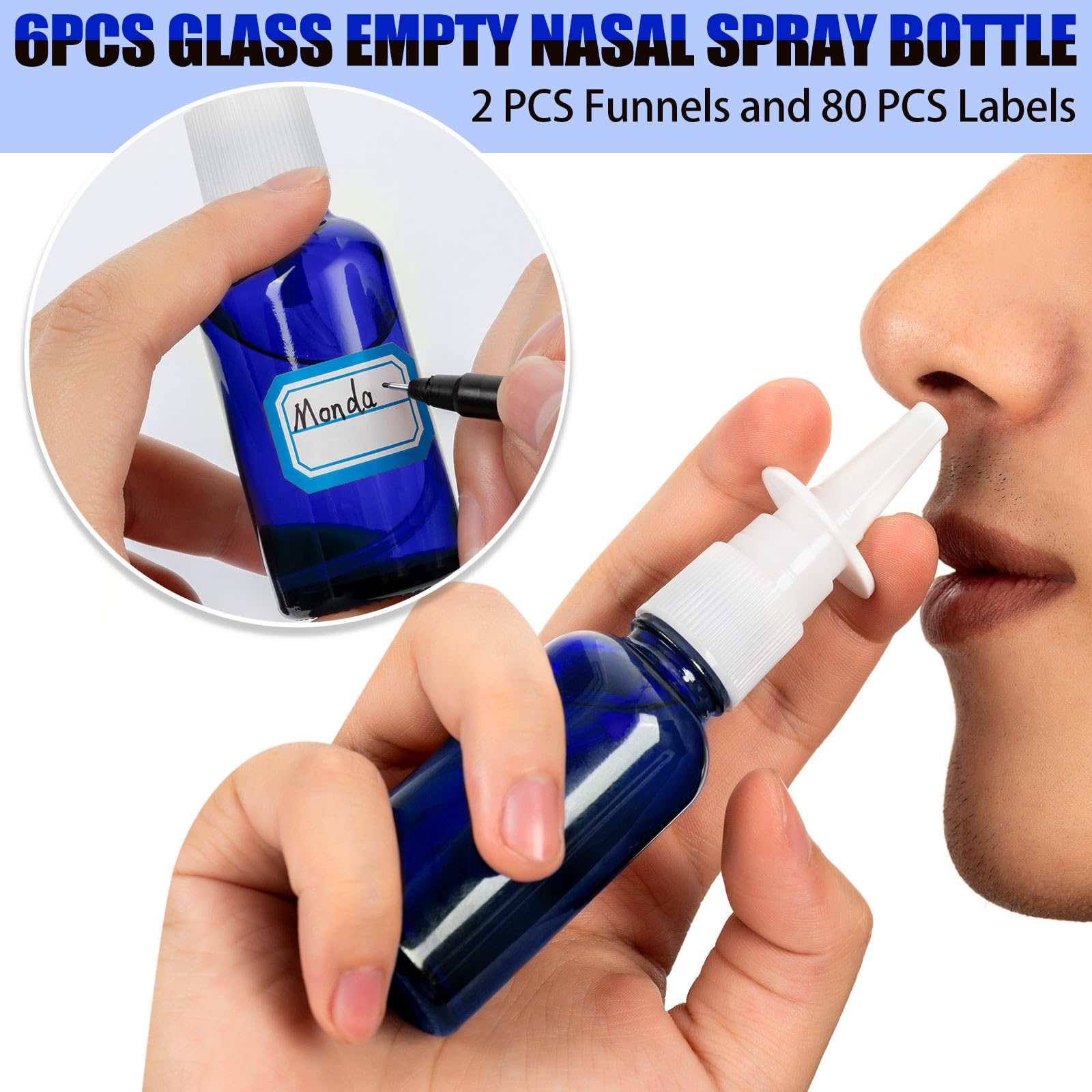 Zhwkmyp 10 Pcs Nasal Spray Bottle Empty, 30Ml/1Oz 6 Pcs Refillable Nasal Spray Bottle Fine Mist Glass With 2 Pcs Funnels And 2 P