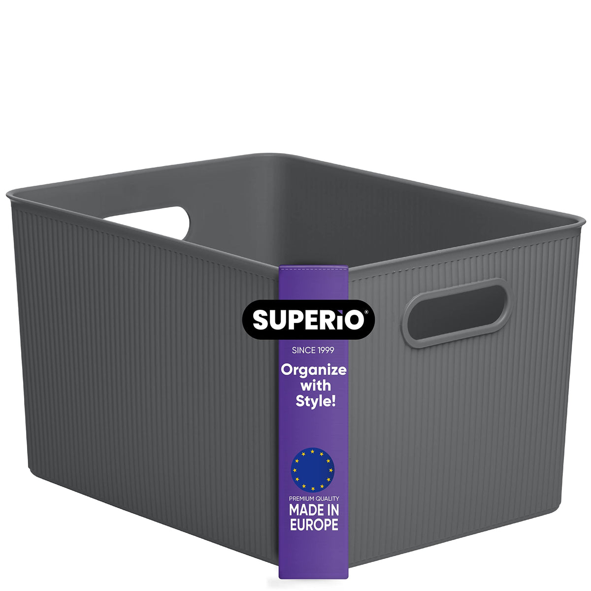 Superio Ribbed Collection - Decorative Plastic Open Home Storage Bins Organizer Baskets, X-Large Grey (1 Pack) Container Boxes F