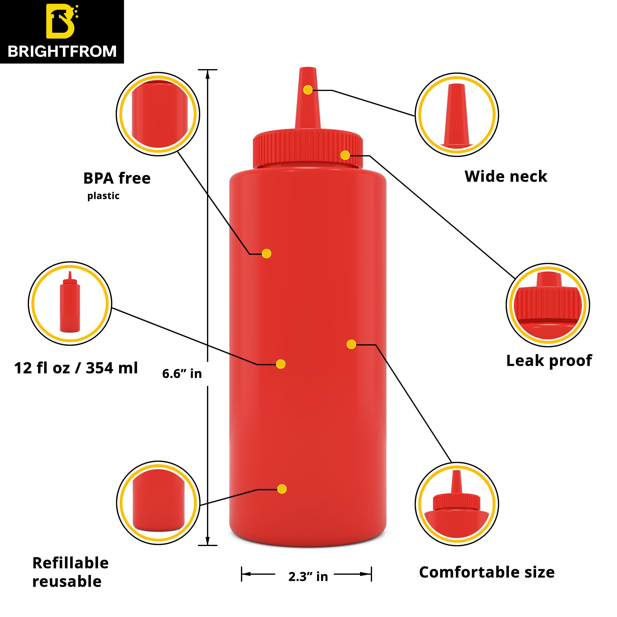 Brightfrom Condiment Squeeze Bottles, Red/Yellow 12 Oz Empty Squirt Bottle With Wide Neck - Great For Ketchup, Mustard, Syrup, S