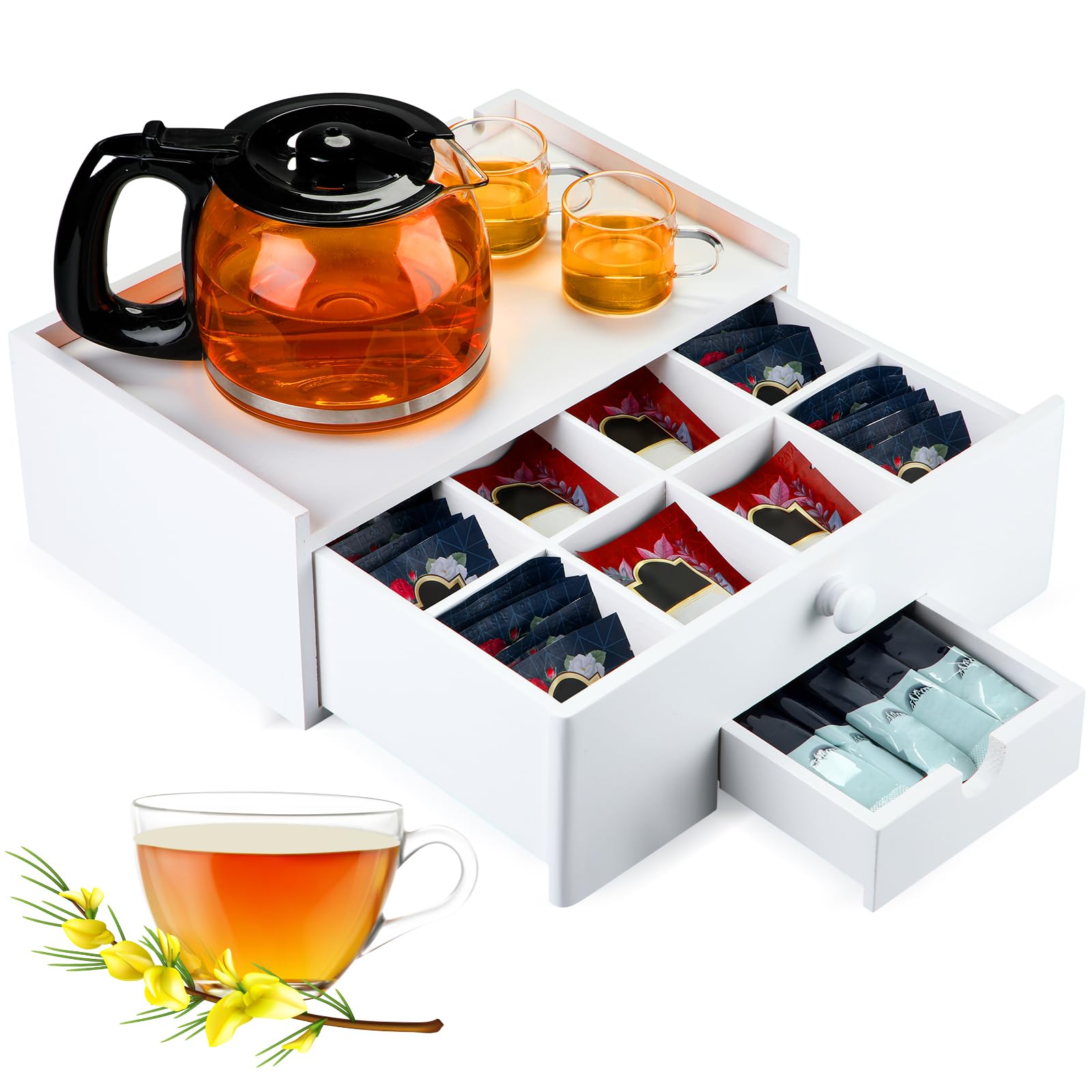 Cinnvoice Tea Bag Organizer Wood Tea Organizer Storage Box 8 Compartments Container Holder with Lid to Storage and Keep Fresh(Wh
