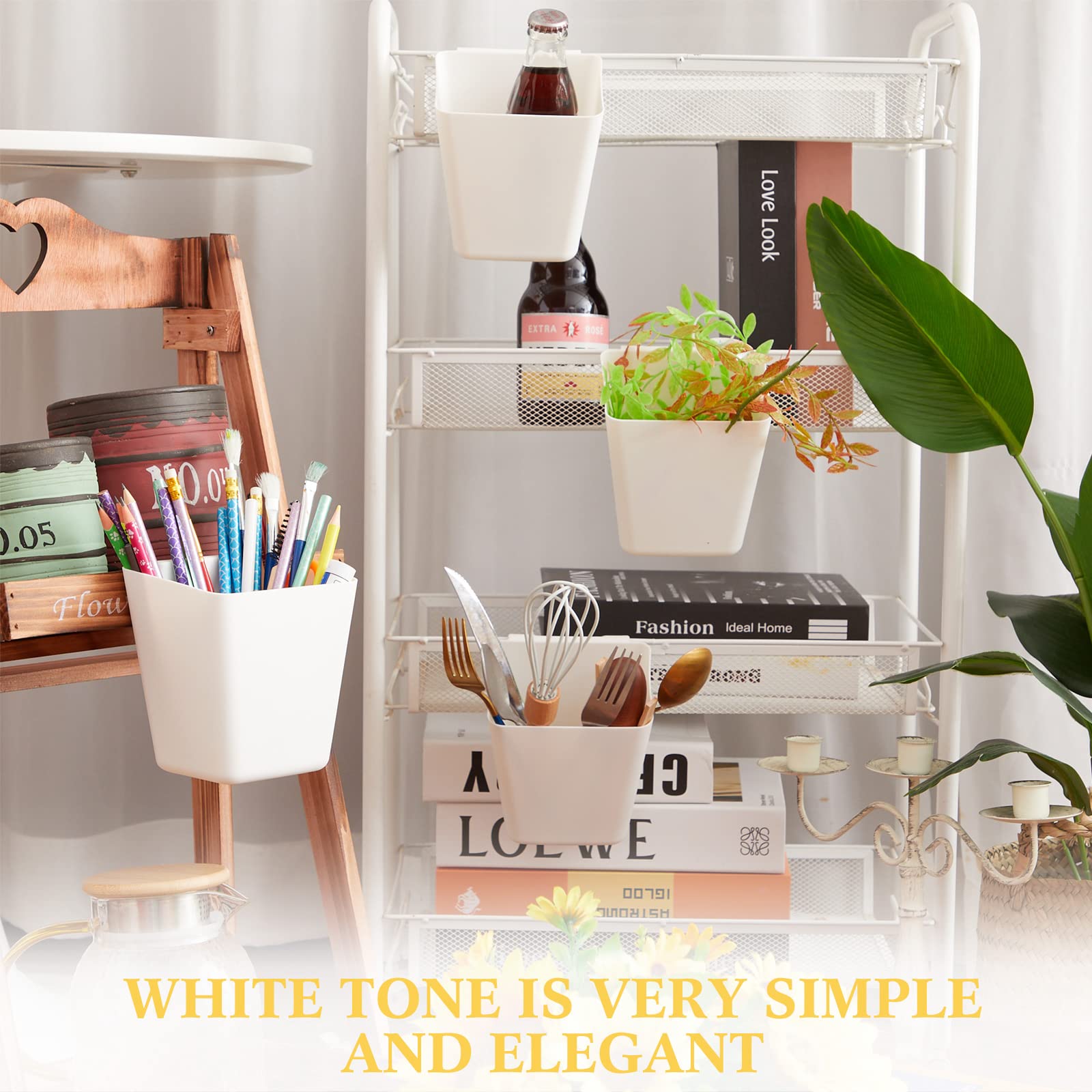 Tessco 12 Rolling Cart Accessories Hanging Cup Holder White Wall Storage Bins Plastic Pencil Hanging Cups Artificial Planters Bu