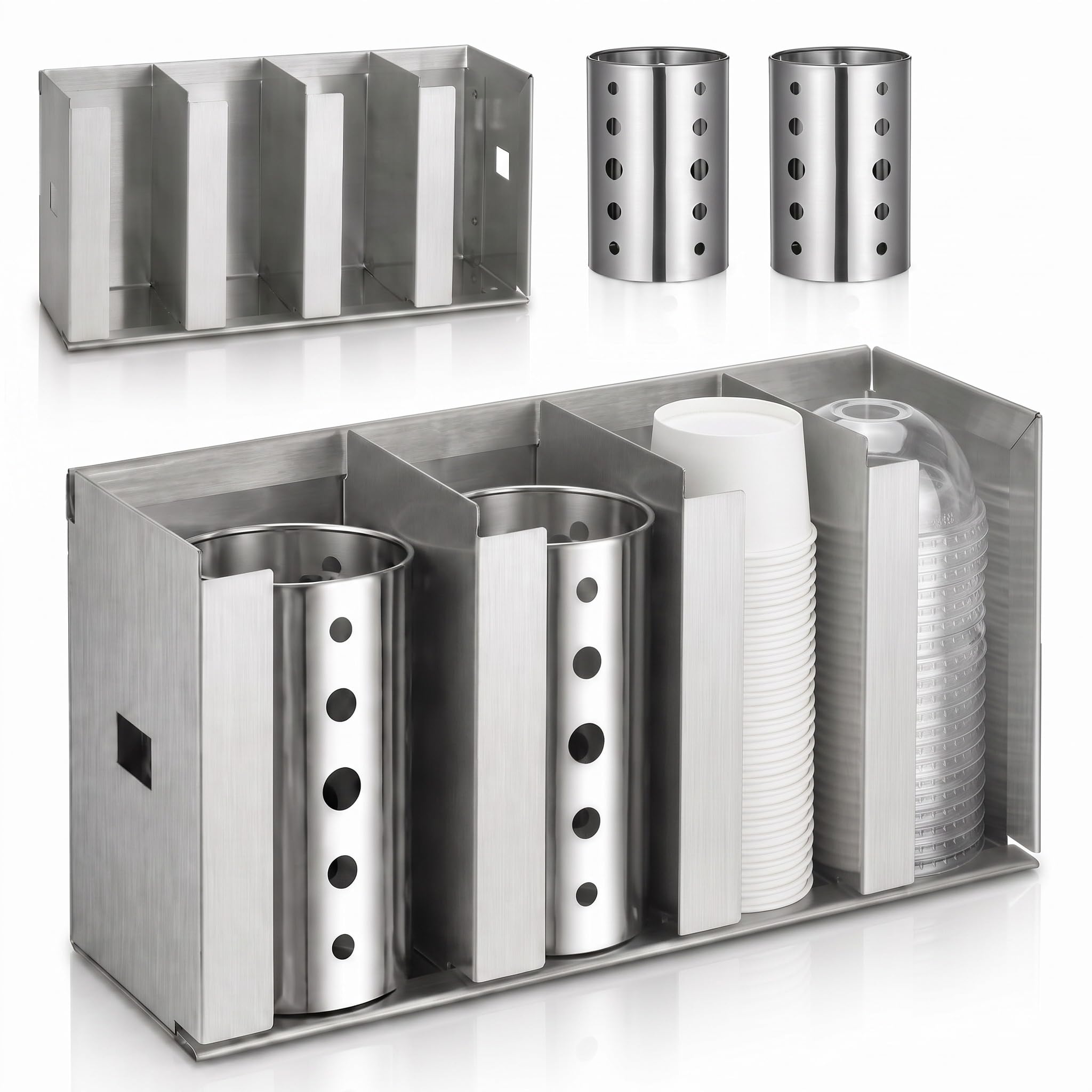 Hicarer 4 Compartments Stainless Steel Cup Dispenser with 2 Straw Holder