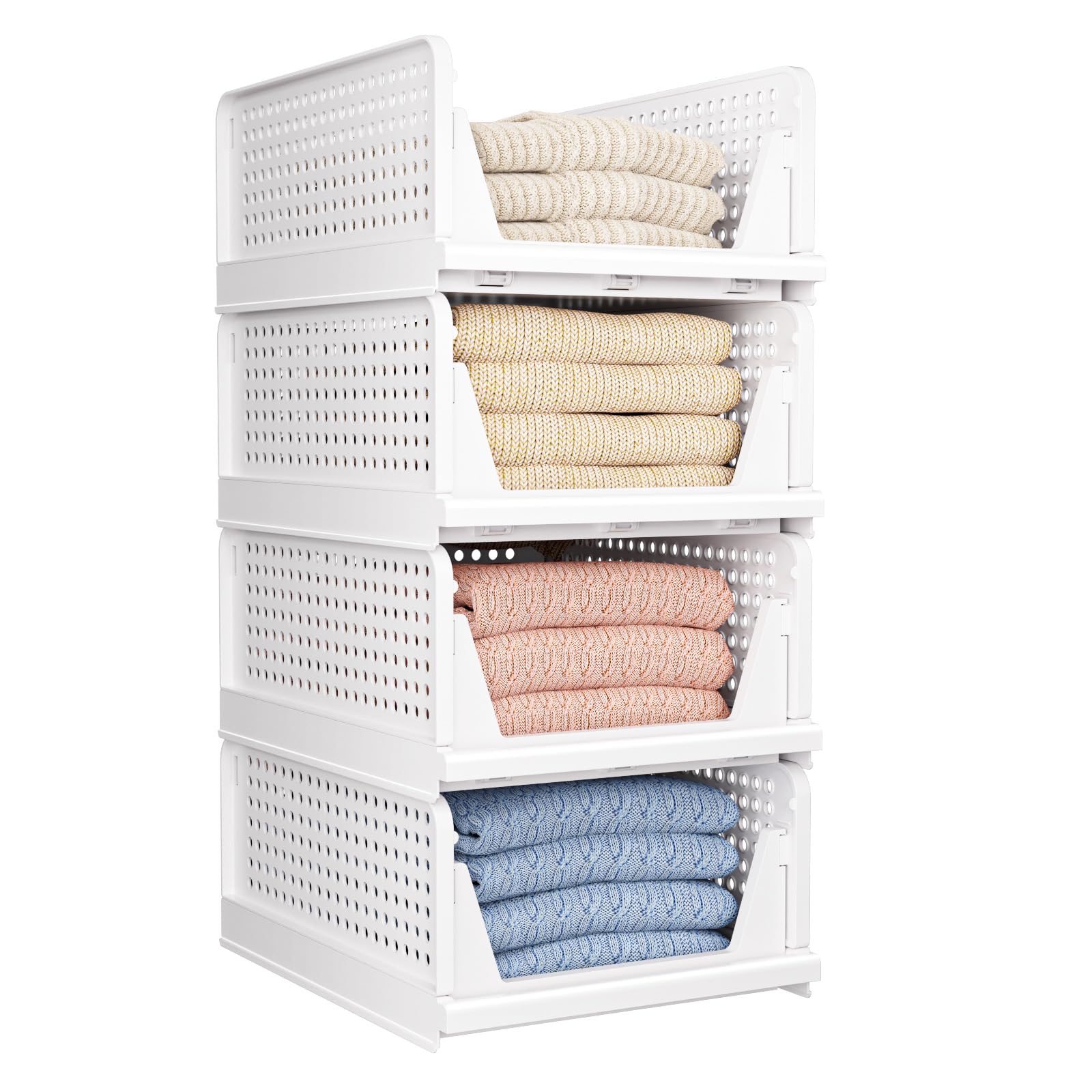 4 Pack Folding Closet Organizers Storage Box, Stackable Storage Bins, Plastic Drawer Basket Closet Storage for Wardrobe Cupboard