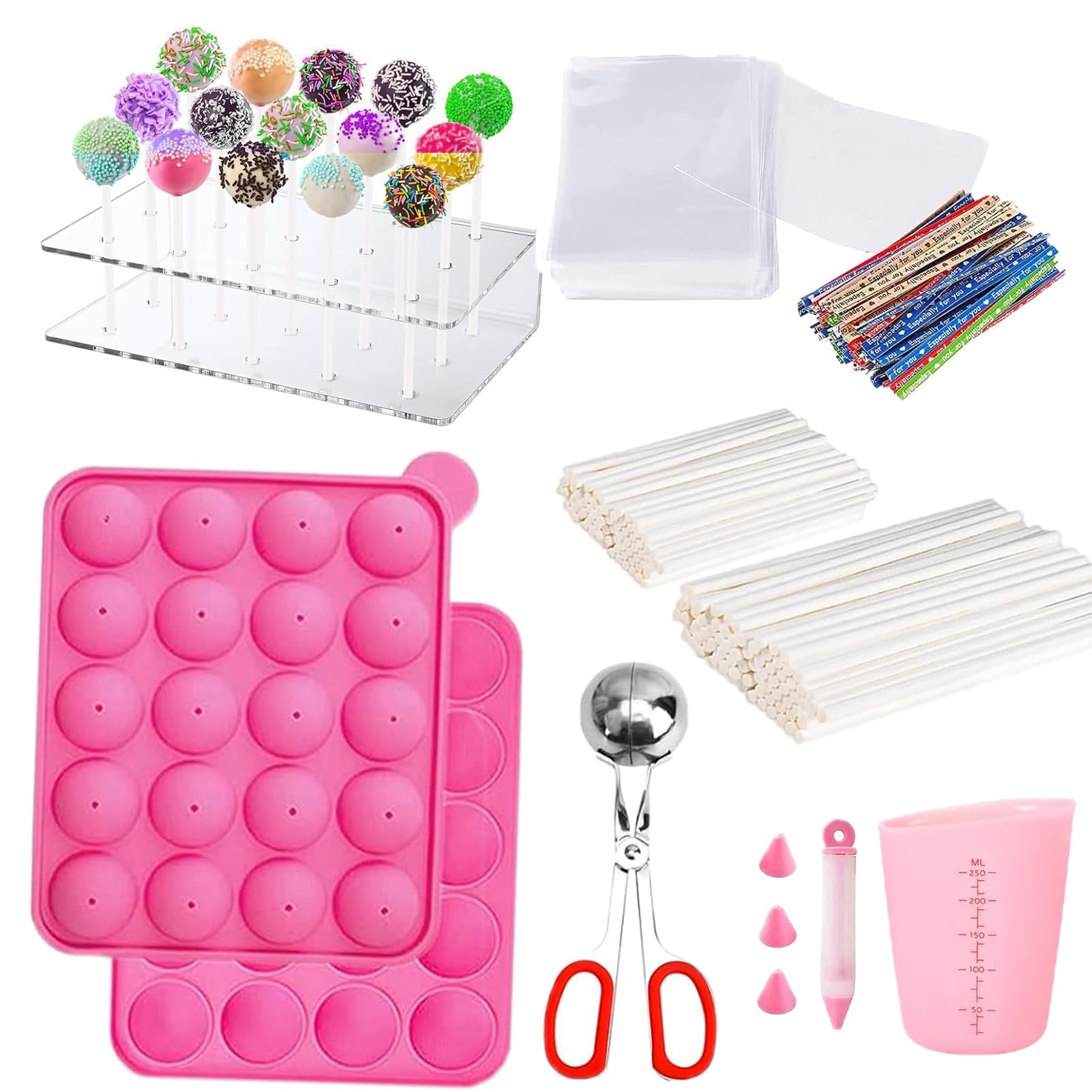 605Pcs Cake Pop Kit,Silicone Lollipop Molds Including Lollipop Sticks,Measuring Cup,Treat Bags,Twist Ties,Decorating Pen,Round M