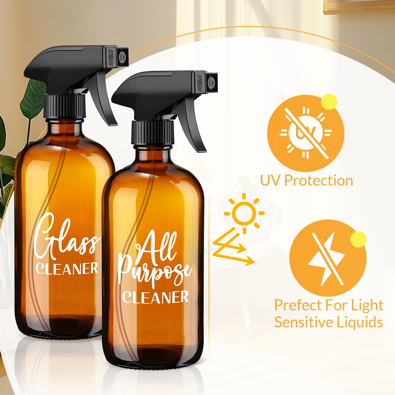 Tioncy Empty Amber Glass Spray Bottles With Labels 2 Pack Large 16Oz Refillable Bottle For Essential Oils Plants Cleaning Soluti