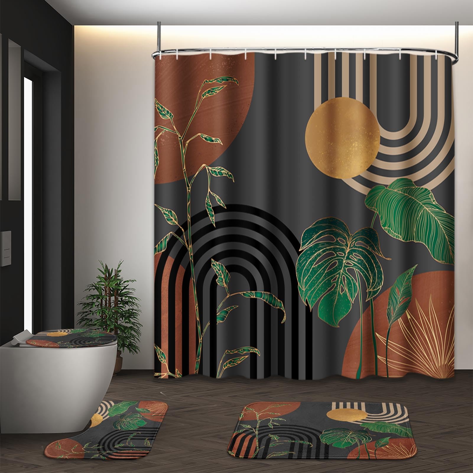 Tayney Brown Boho Mid Century Shower Curtain Set With Toilet Lid Cover And Non-Slip Rugs, Abstract Retro Grey Background 4 Pcs M