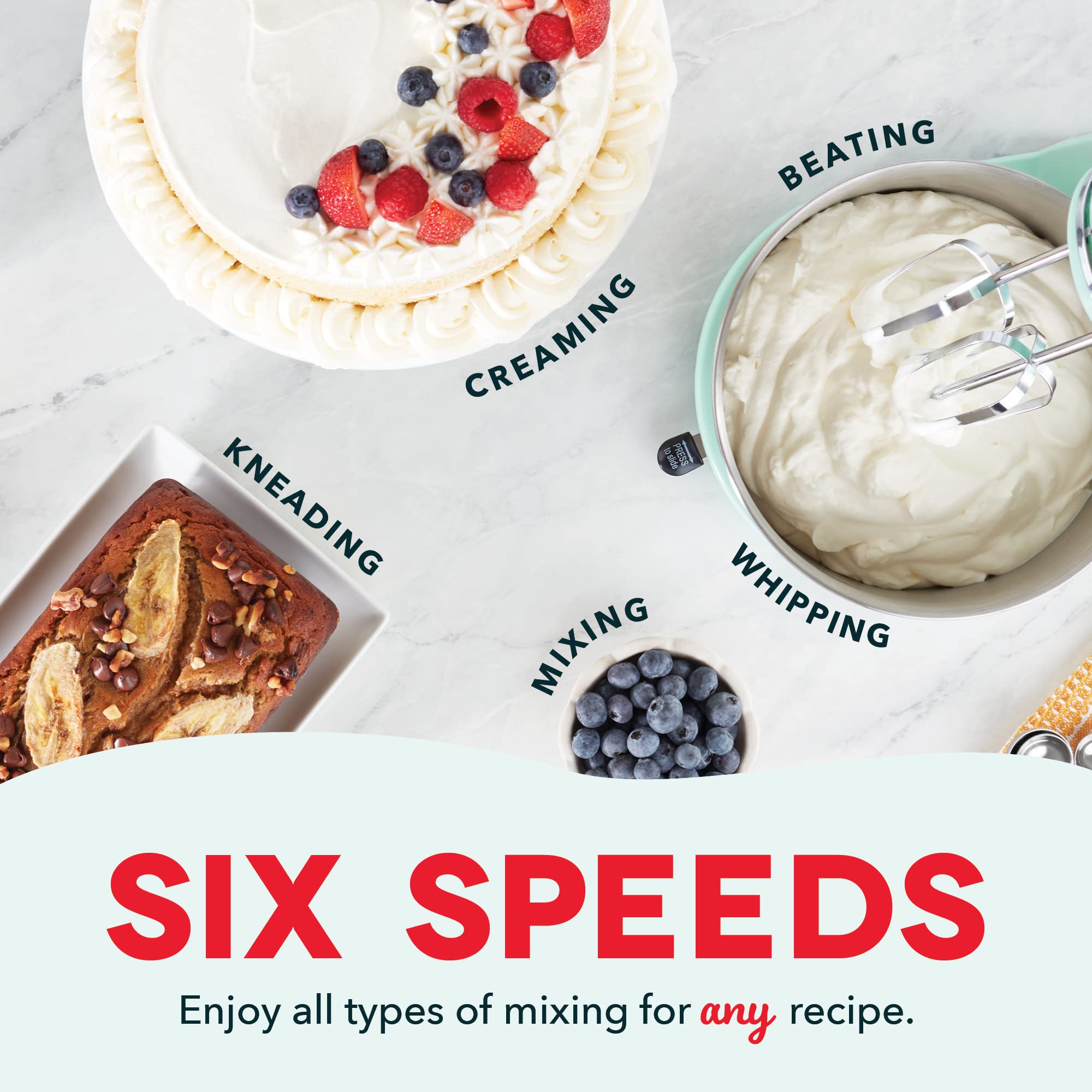 Dash Stand Mixer (Electric Mixer For Everyday Use): 6 Speed Stand Mixer With 3 Quart Stainless Steel Mixing Bowl, Dough Hooks &