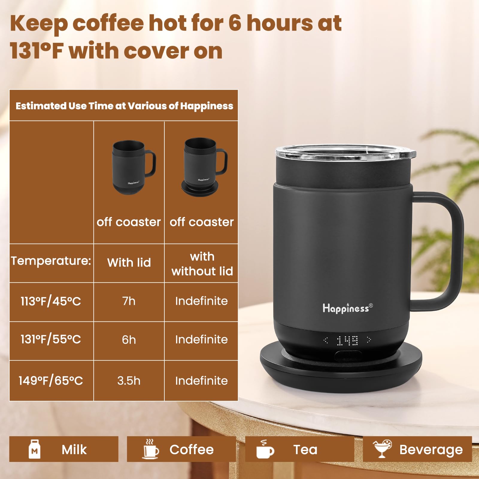 Smart Heated Coffee Mug,16oz Rechargeable Electric Self Heating Temperature Control Coffee Cup