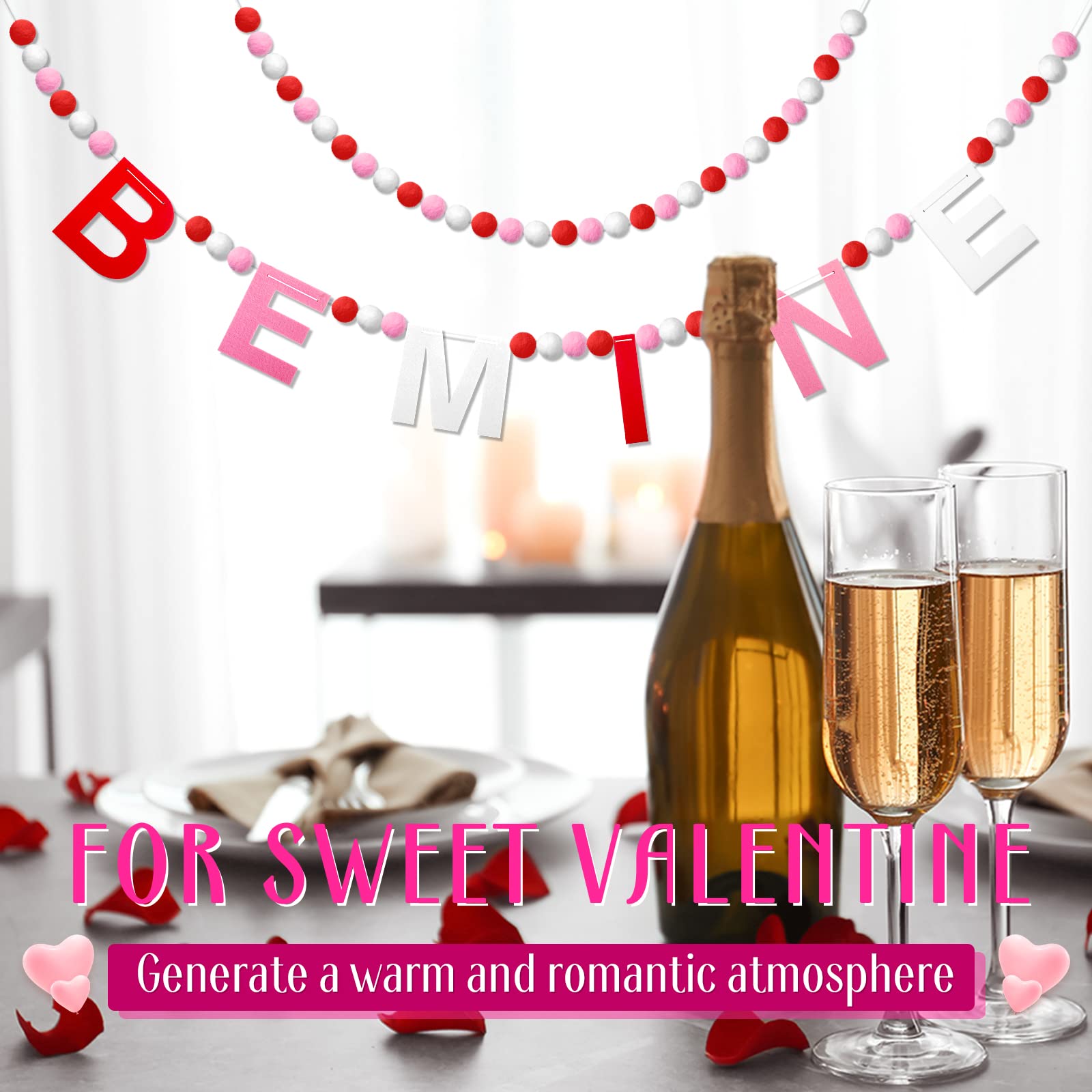 Breling 3 Pieces Valentine'S Day Garland Felt Ball Garland, 10Ft Pompom Garland Valentines Decorations Banner For Mantle Firepla