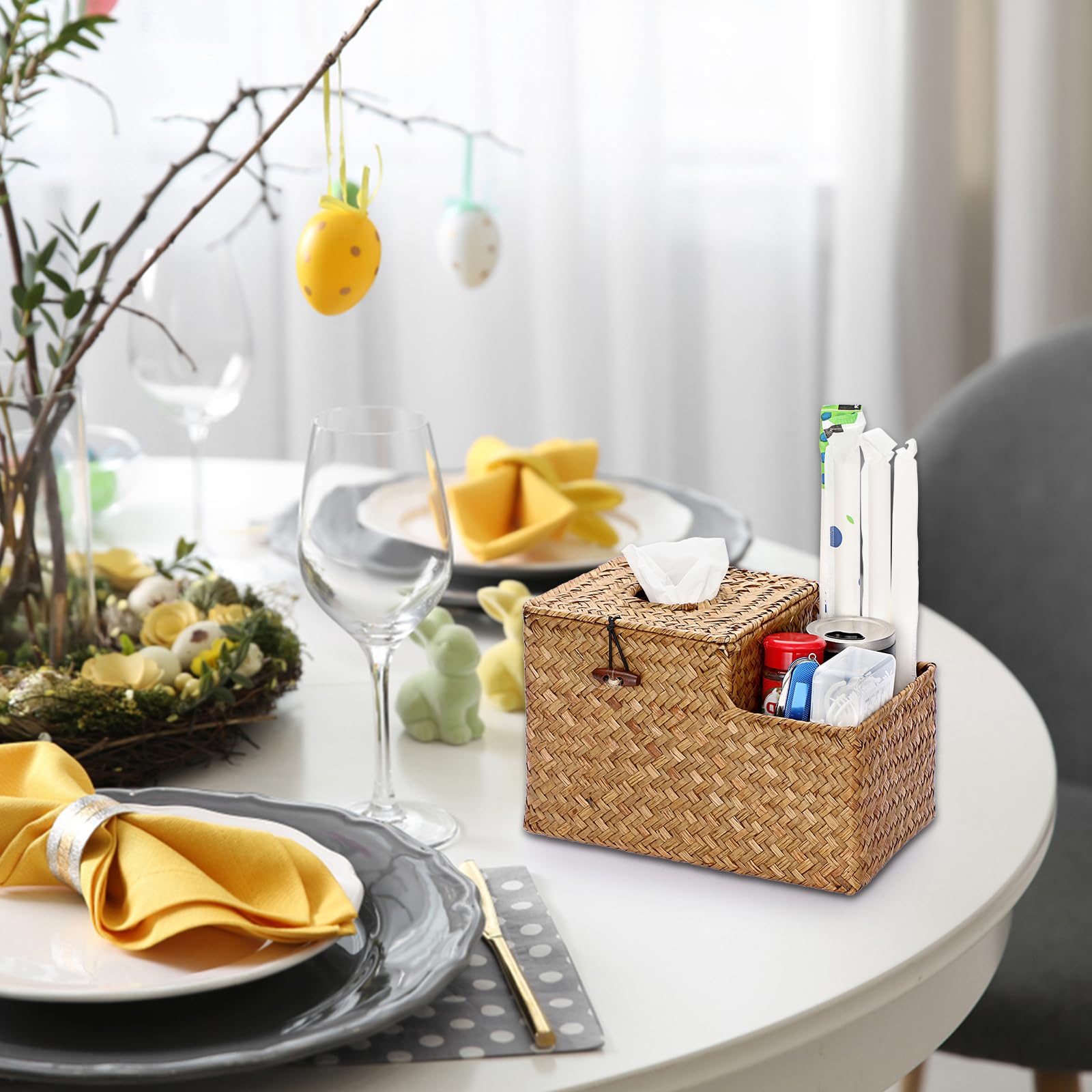 Sumnacon Square Woven Tissue Box Cover - Decorative Cube Tissue Box With Side Organizer, Rustic Seagrass Tissue Holder For Livin