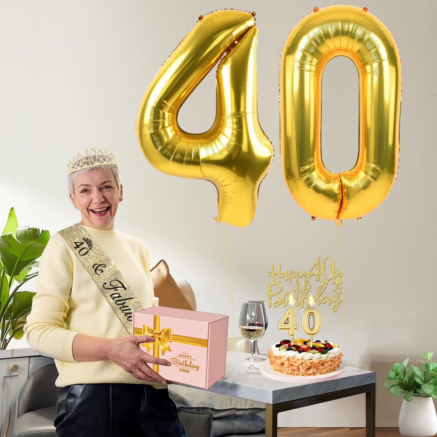 40Th Birthday Decorations Women Gold Include 40Th Birthday Sash And Tiara, Gold 40Th Birthday Cake Topper And Birthday 40 Candle