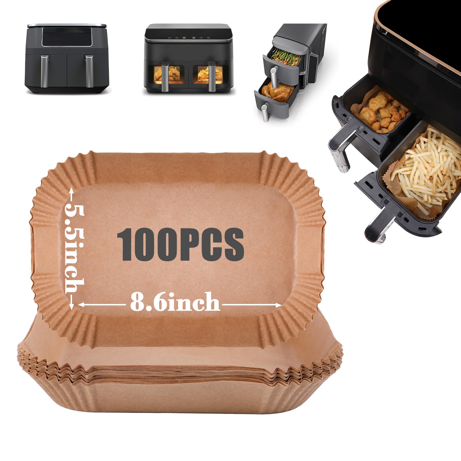 Goaus Air Fryer 100 Pcs Rectangular Paper Liners Disposable For Dual Air Fryer 2 Baskets 8 To 10 Qt, 8.6X5.5 Inches Parchment Pa