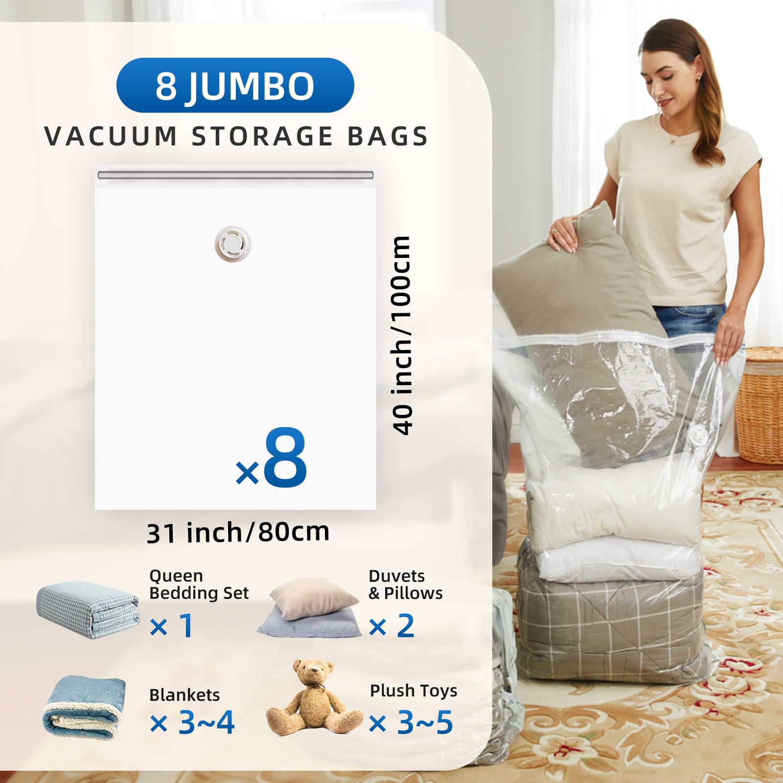 TAILI 8 Pack Vacuum Storage Bags for Comforter and Blankets  Jumbo Vacuum Seal Bags for Bedding 40x31 Inch  Space Saver Bags for Clothes  Pillows  Saving More Closet Space