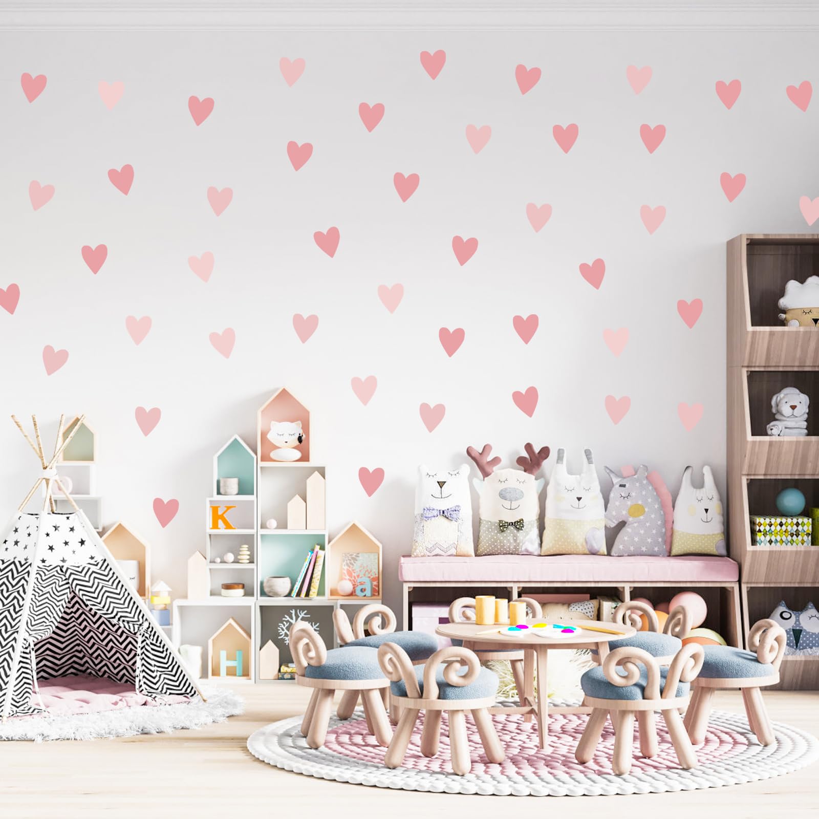 Pink Heart Wall Stickers - Kids Room Nursery Wall Decals Heart Love Cute Nursery Wall Paper Designs,Pink Style Removable Decor (