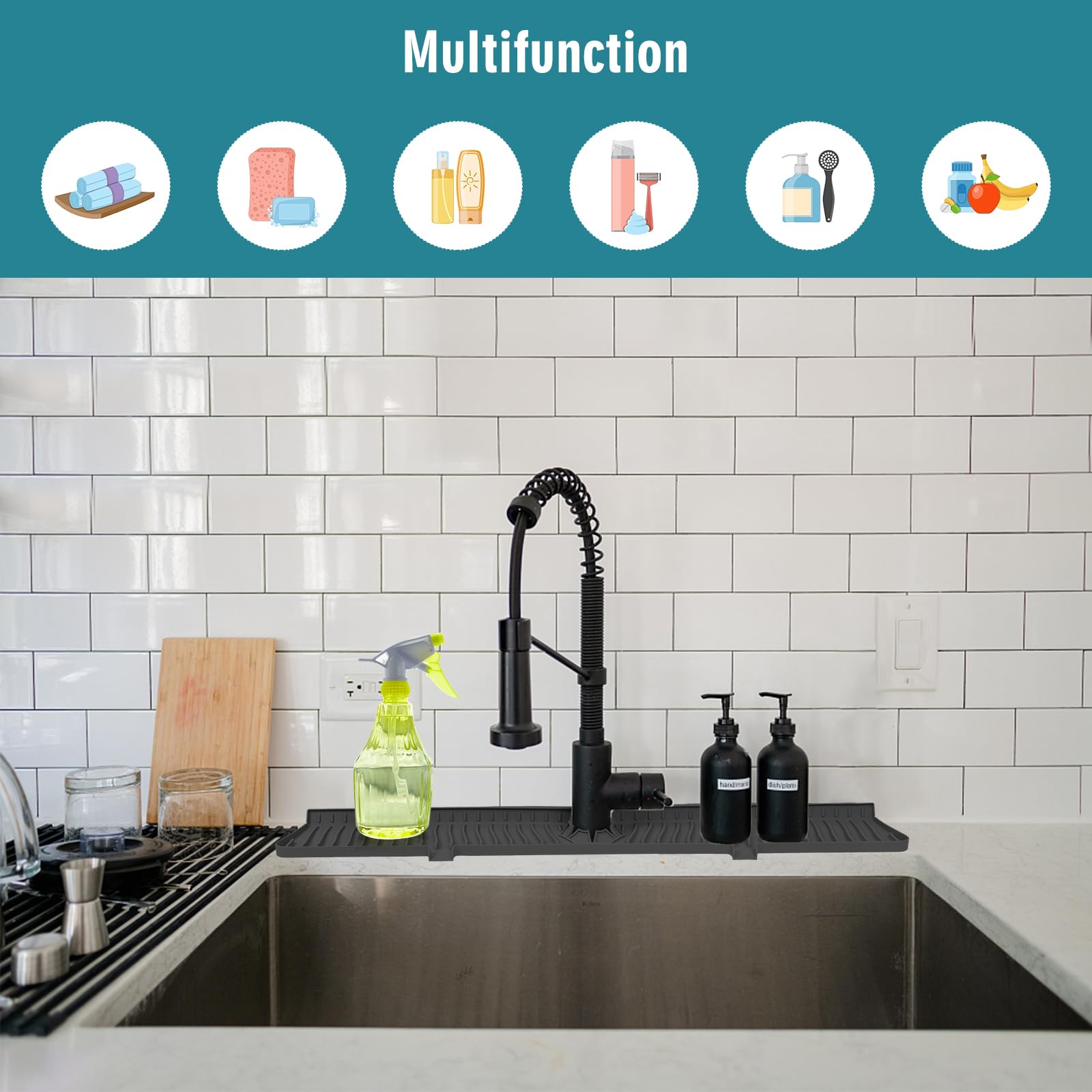 Kitchen Sink Splash Guard, 30'' Sink Splash Guard, Faucet Mat, Longer Silicone Faucet Handle Drip Catcher Tray For Kitchen, Bath