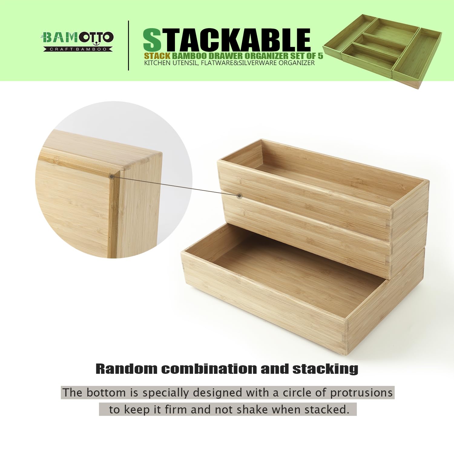 Bamotto Stack Bamboo Drawer Organizer Set Of 5, Kitchen Utensil, Flatware&Silverware Organizer-Wood Laminated Stackable Drawer O