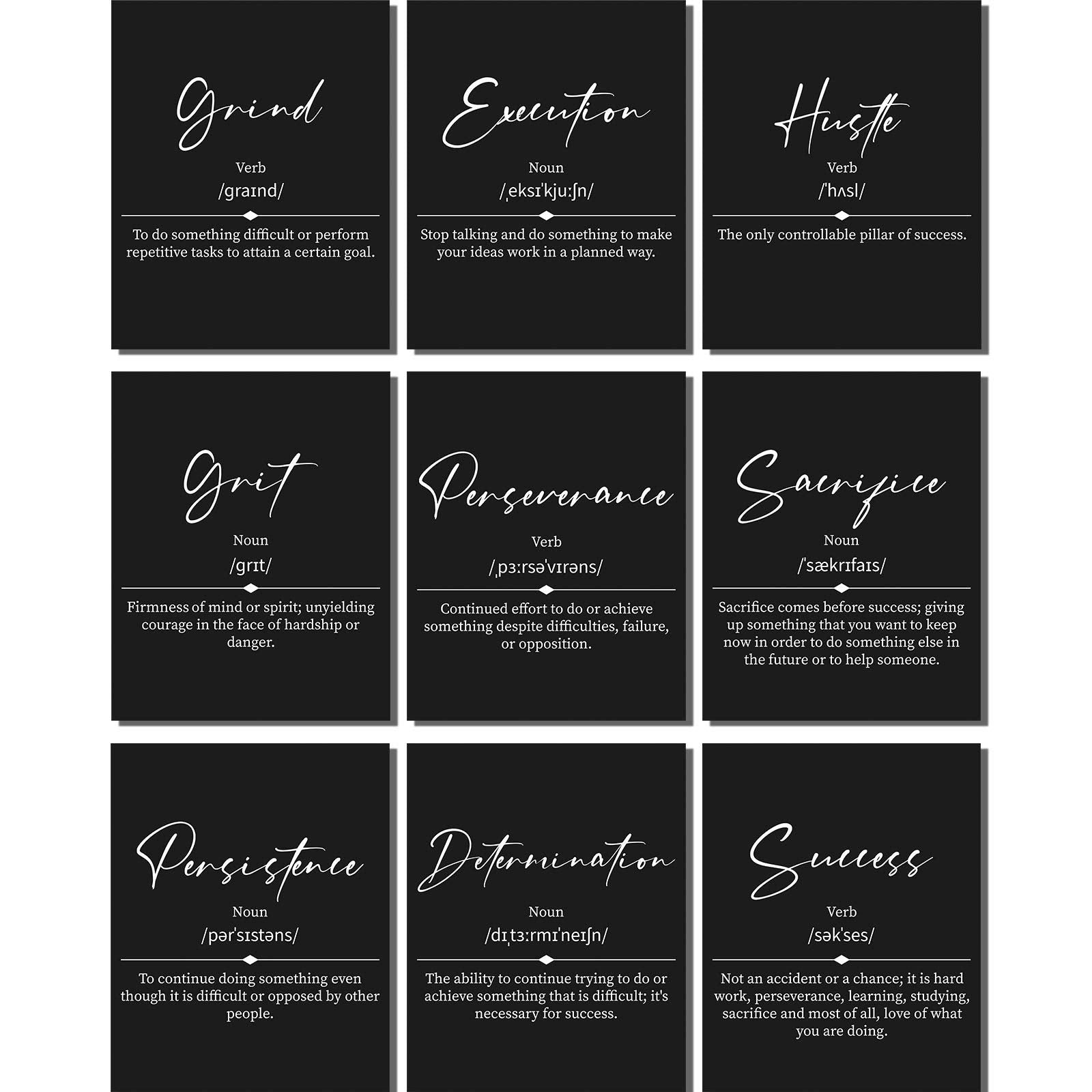 9 Pieces Inspirational Grind Hustle Execution Motivational Success Quote Office Wall Art, Entrepreneur Posters Inspirational Quo