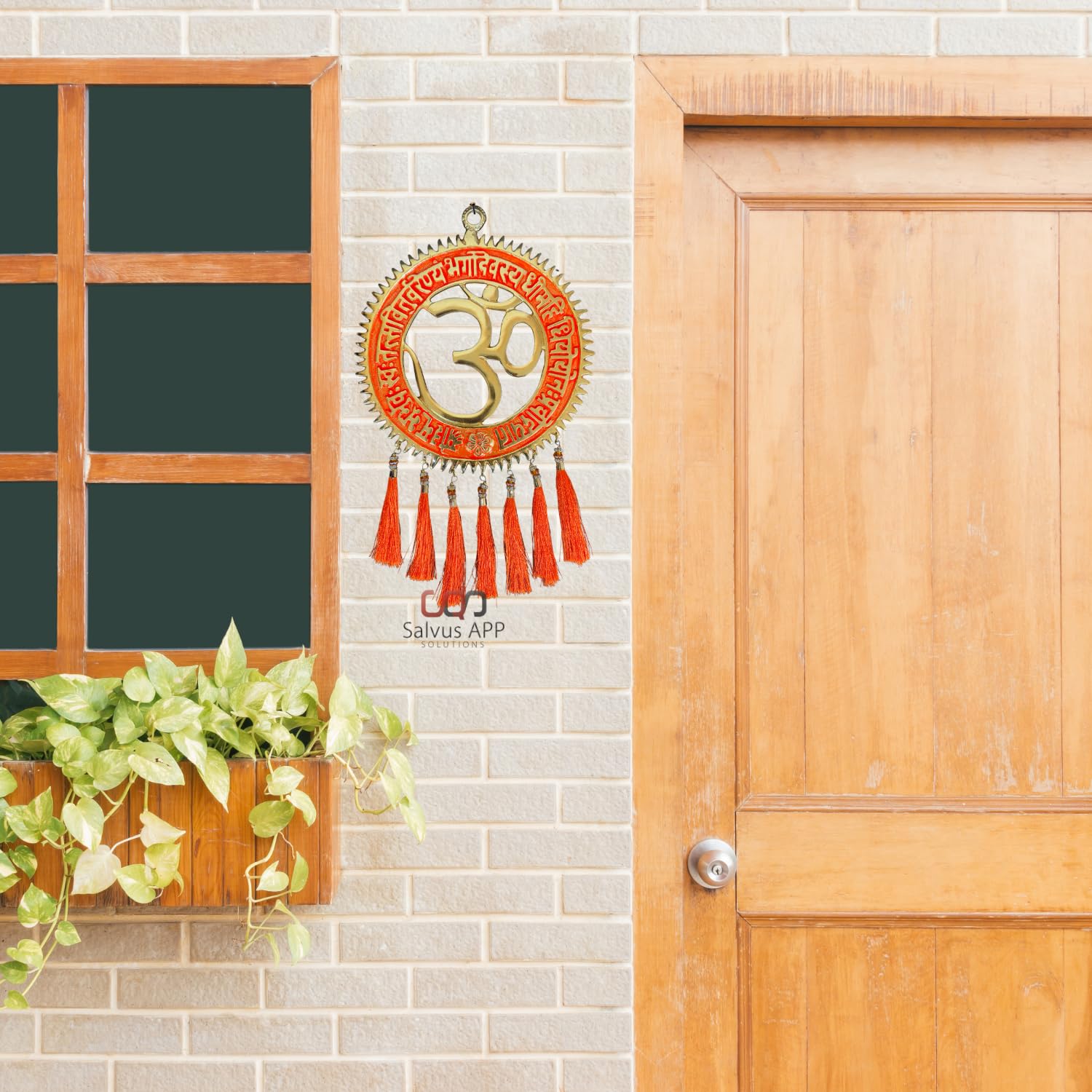 Salvus App Solutions Harmony And Enlightenment: Metal Vaastu Feng Shui Om Wall Hanging With Gayatri Mantra (Orange_7.5X8 Inch)