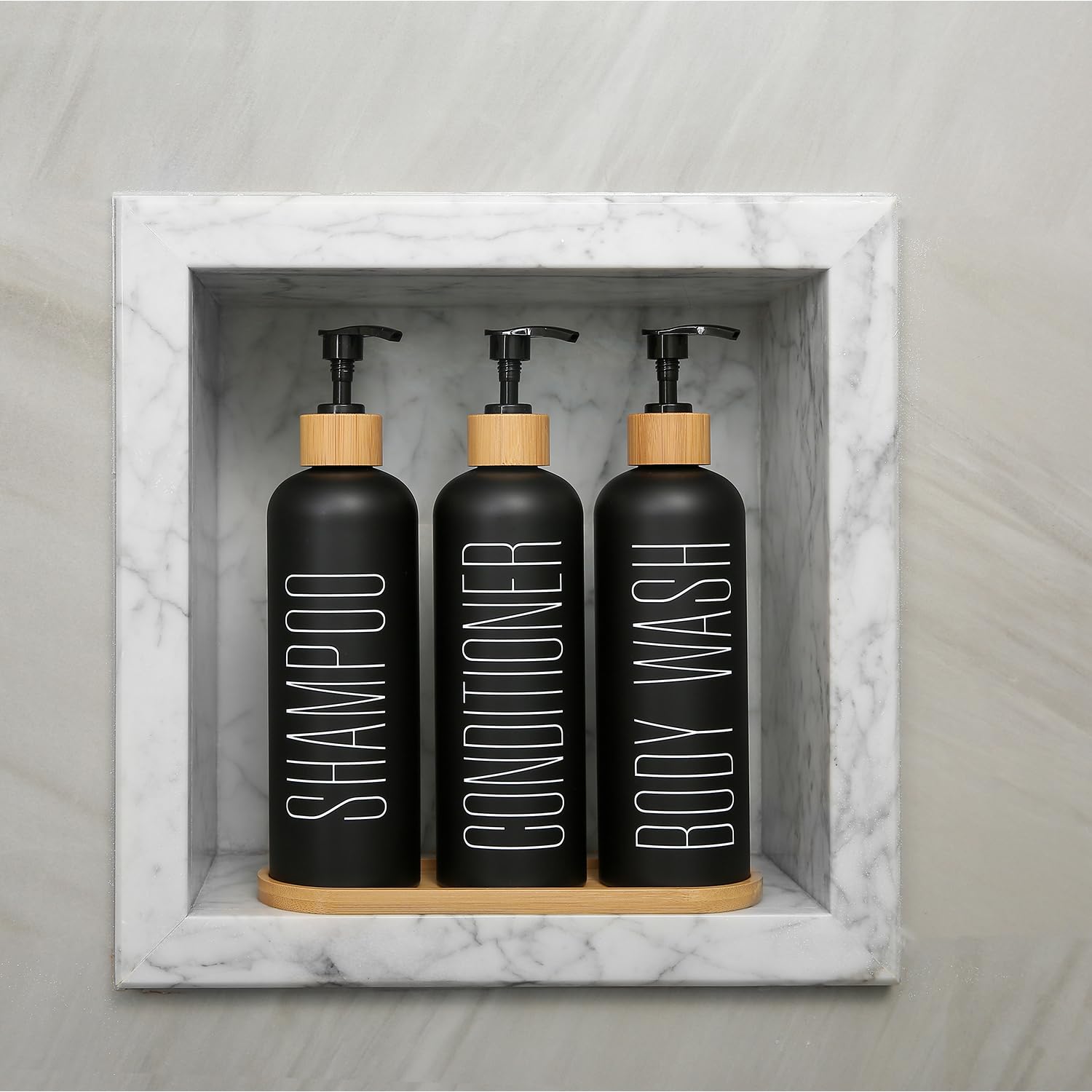 Prus Waso Shampoo And Conditioner Dispenser, Contains Shampoo Conditioner Body Wash Dispenser. Shower Dispenser With Bamboo Pump