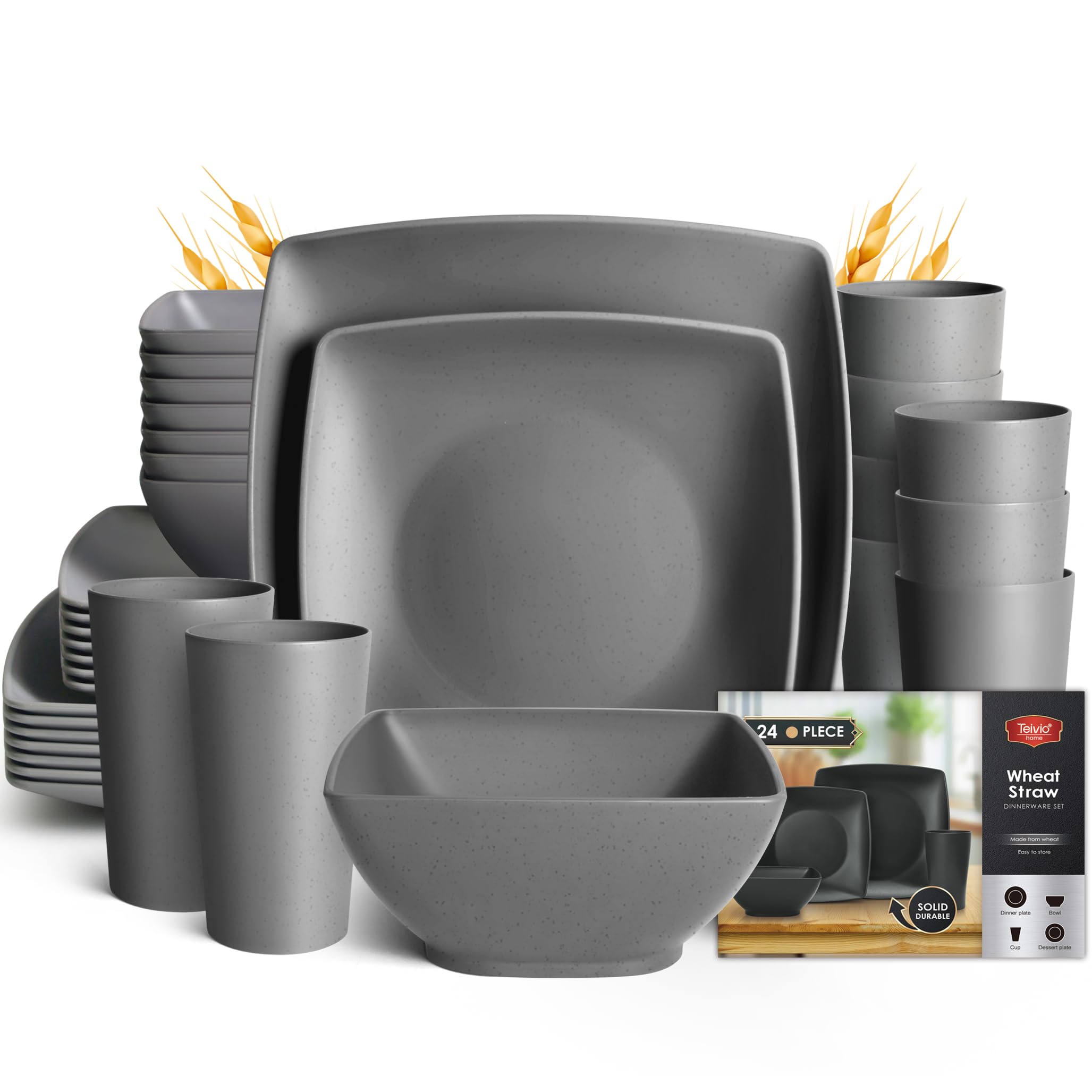 Teivio 24-piece Plastic Wheat Straw Square Dinnerware Set for 6, Unbreakable Dinner Plates, Salad Plates, Snack Bowls, Tumblers 