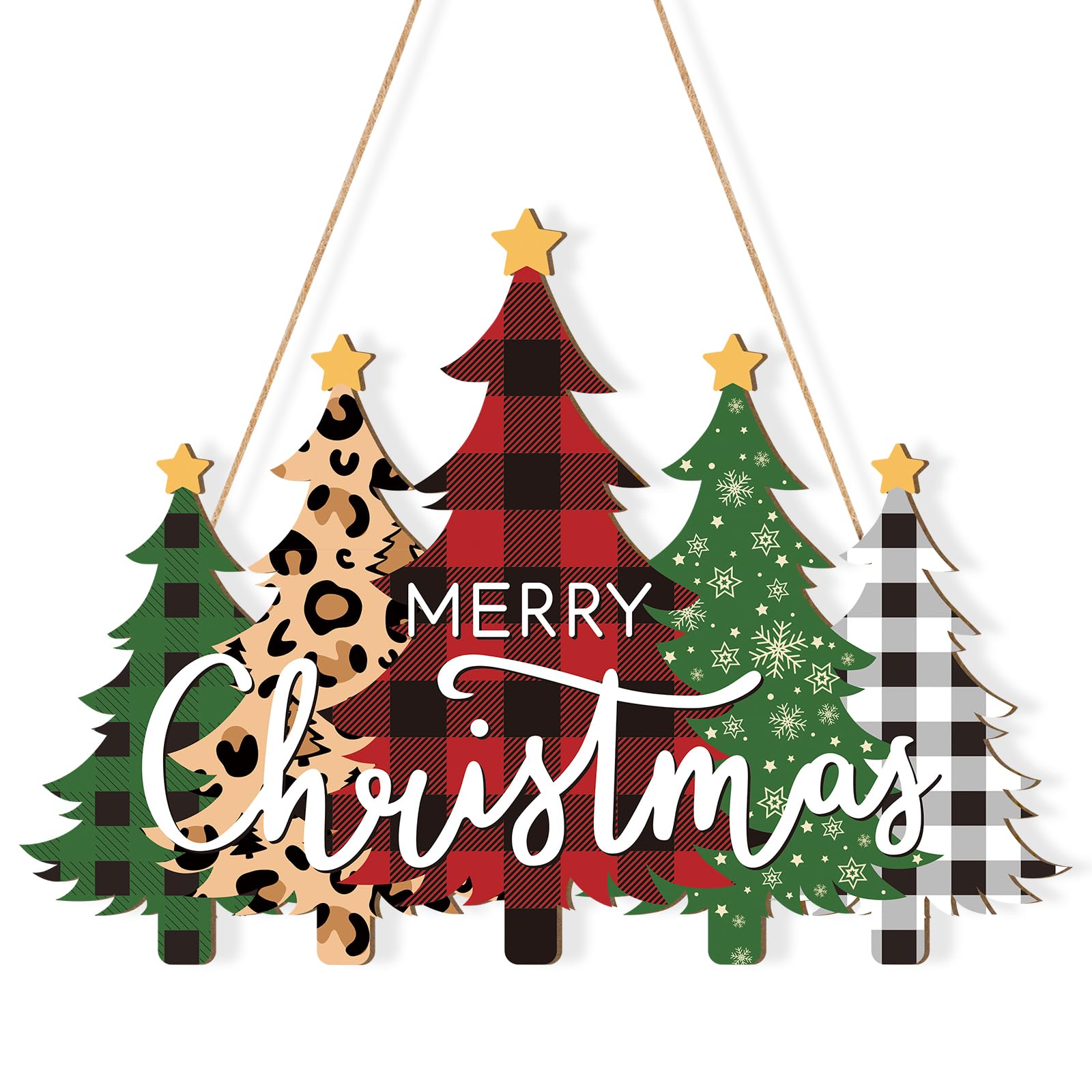 Wooden Christmas Tree Door Wreath for Front Door Sign Wall Signs, Merry Christmas Sign Black White Buffalo Plaid Welcome Hanging